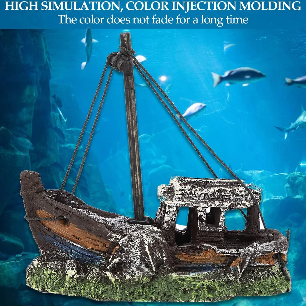 Resin Aquarium Fish Tank Landscape Ornament, Aquarium Artificial High Simulation Shipwreck Decoration Fish Tank Hide House