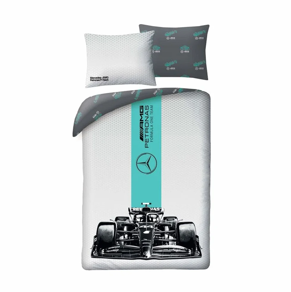 Halantex Komplet pościeli Mercedes Formula 1, 100% bawełna, dwustronna poszwa na kołdrę 140x200 cm i poszewka na poduszkę