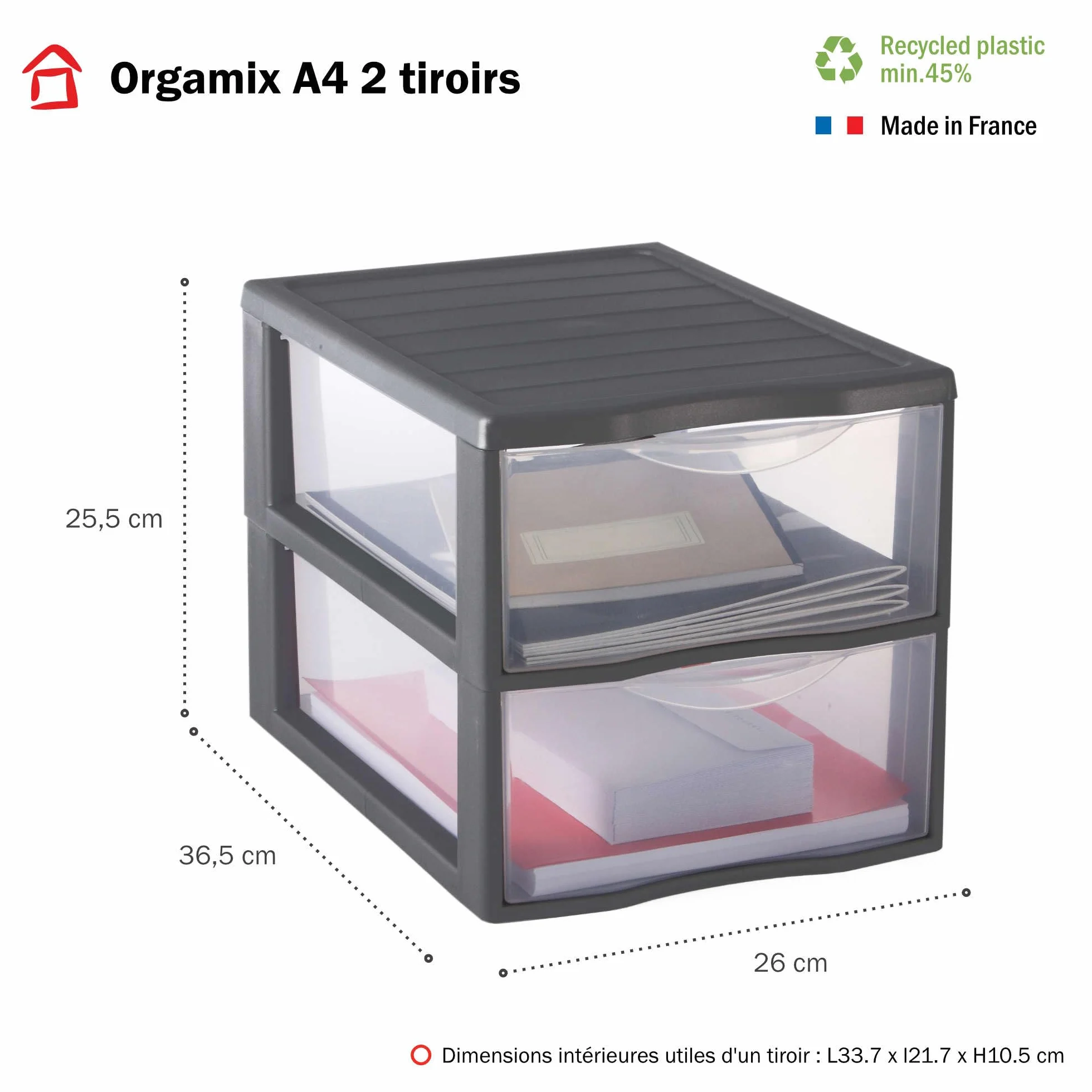 SUNDIS Orgamix, plastikowy komoda do przechowywania, 2 przezroczyste szuflady A4, wysokość 25,5 cm, możliwość sztaplowania, idealna do przechowywania biurowego, lekcji, dokumentów