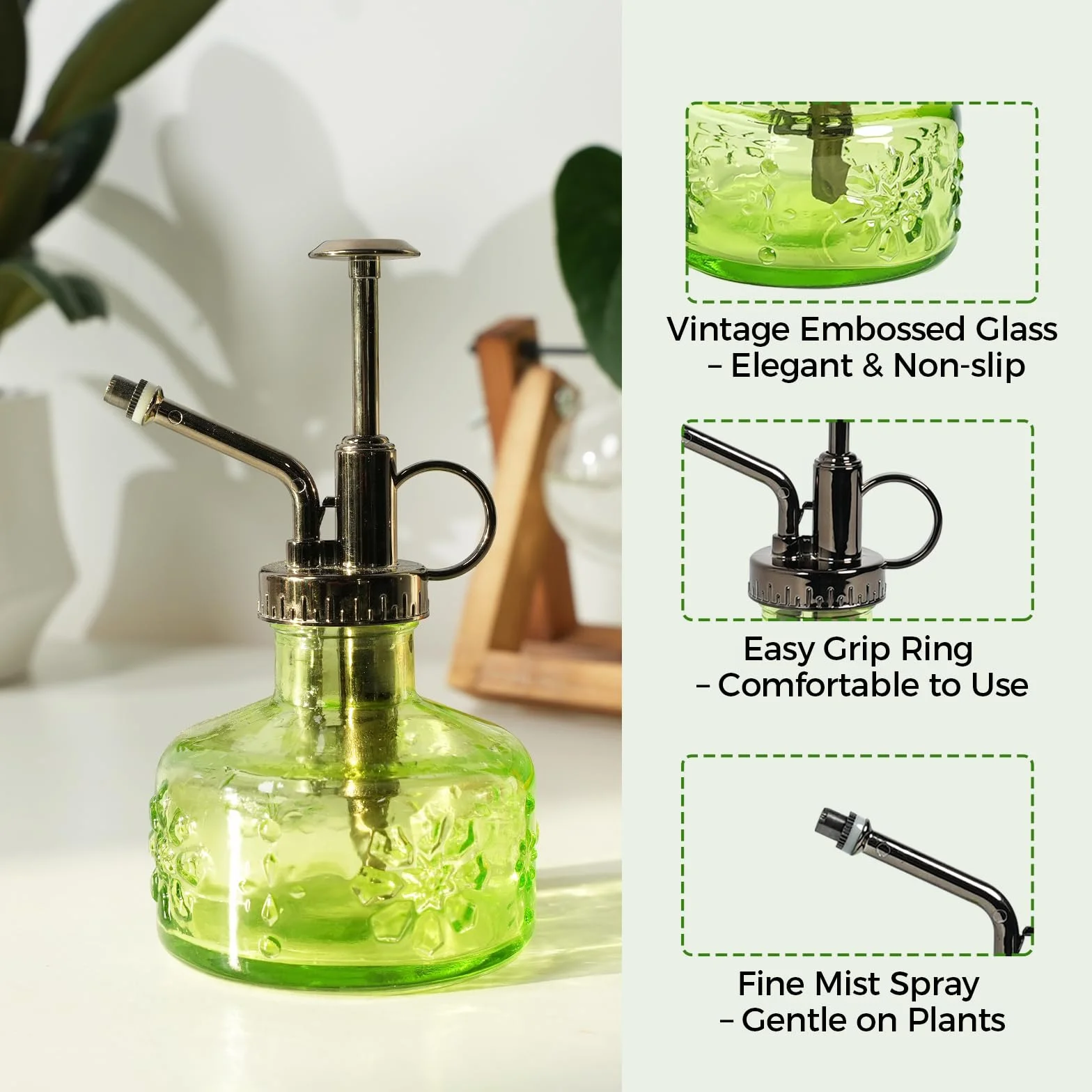 Bamworld Konewka do Roślin Bamworld, 180ml Szklany Sprayer, Wintage Zielona Konewka do Roślin Wewnętrznych, Sukulentów i Kwiatów