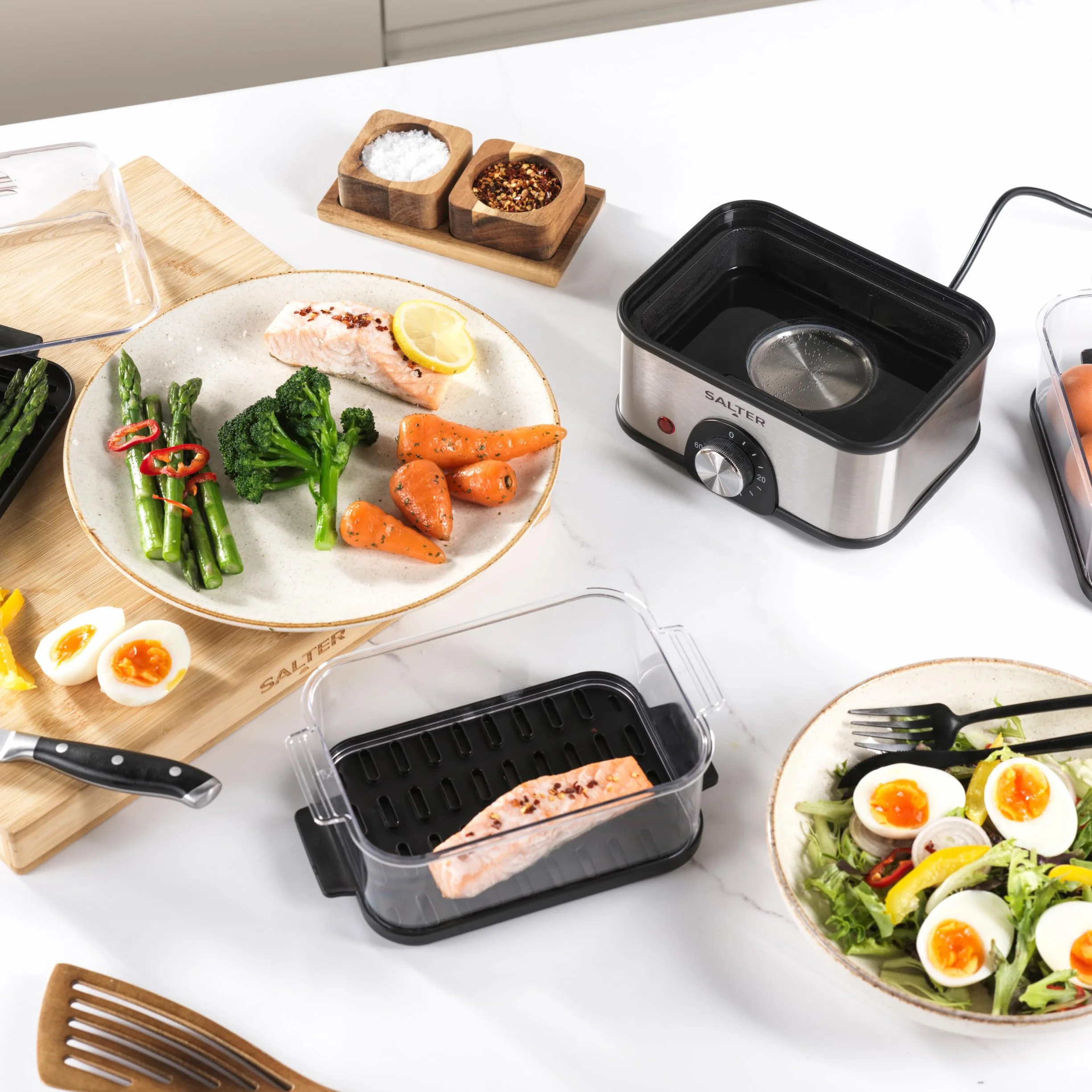 Parowar 3-poziomowy Salter – kompaktowy multicooker, 3 kosze do gotowania na parze, elektryczny jajowar, pojemność na 8 jajek, timer do 60 minut, pojemność 3L, moc 500W
