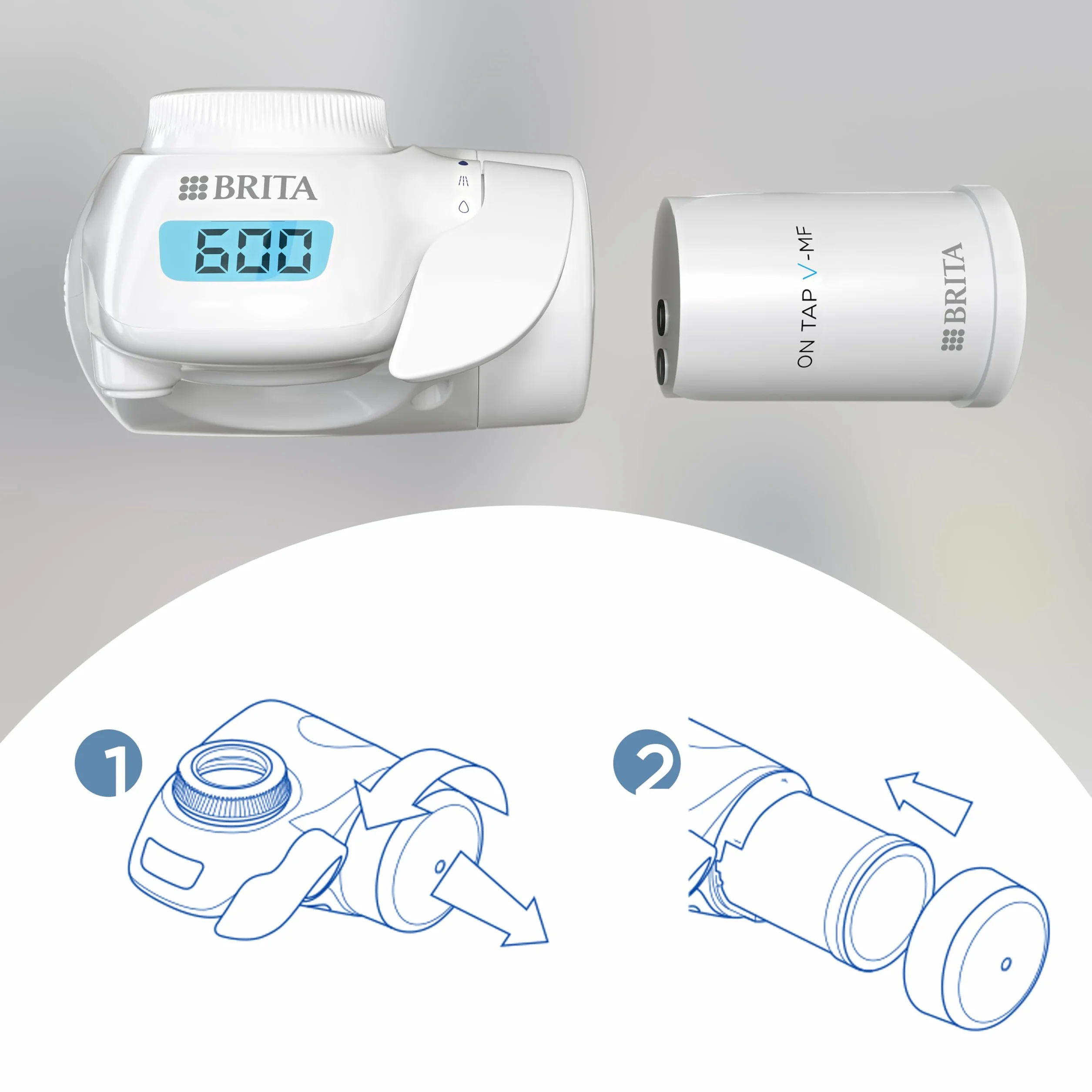 BRITA Filtr wody ON TAP Pro V-MF do kranu z 1 wkładem filtracyjnym (600l) - redukuje 99,99% bakterii, chloru, mikrotworzyw sztucznych i metali ciężkich /cyfrowy wyświetlacz LCD pokazuje pozostałą pojemność