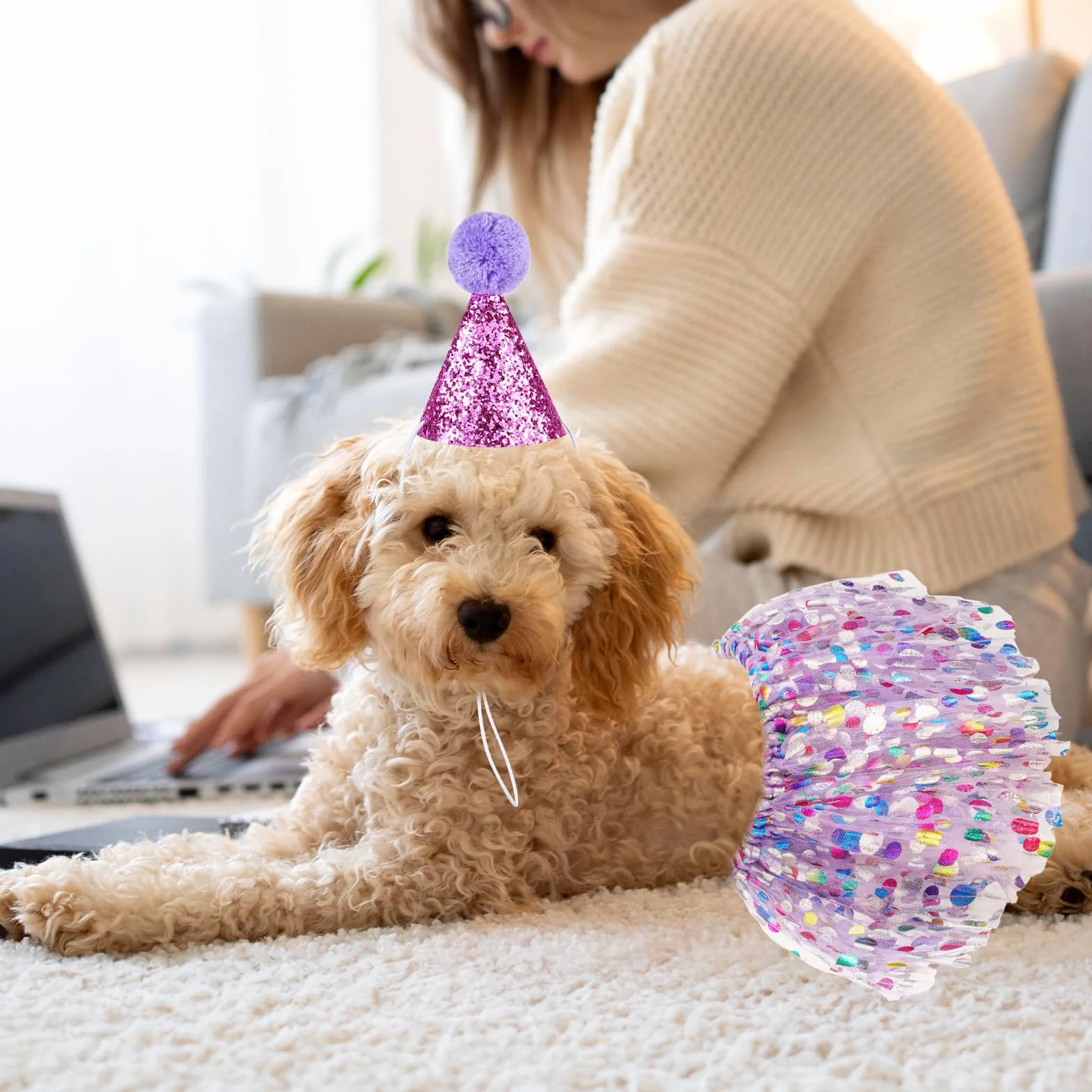 Dekoracje urodzinowe dla psa, bandana z brokatowym kapeluszem i sukienką, zestaw dla dziewczynki, mini czapki imprezowe, urocza spódnica tutu, kostium dla małych, średnich i dużych psów, kotów