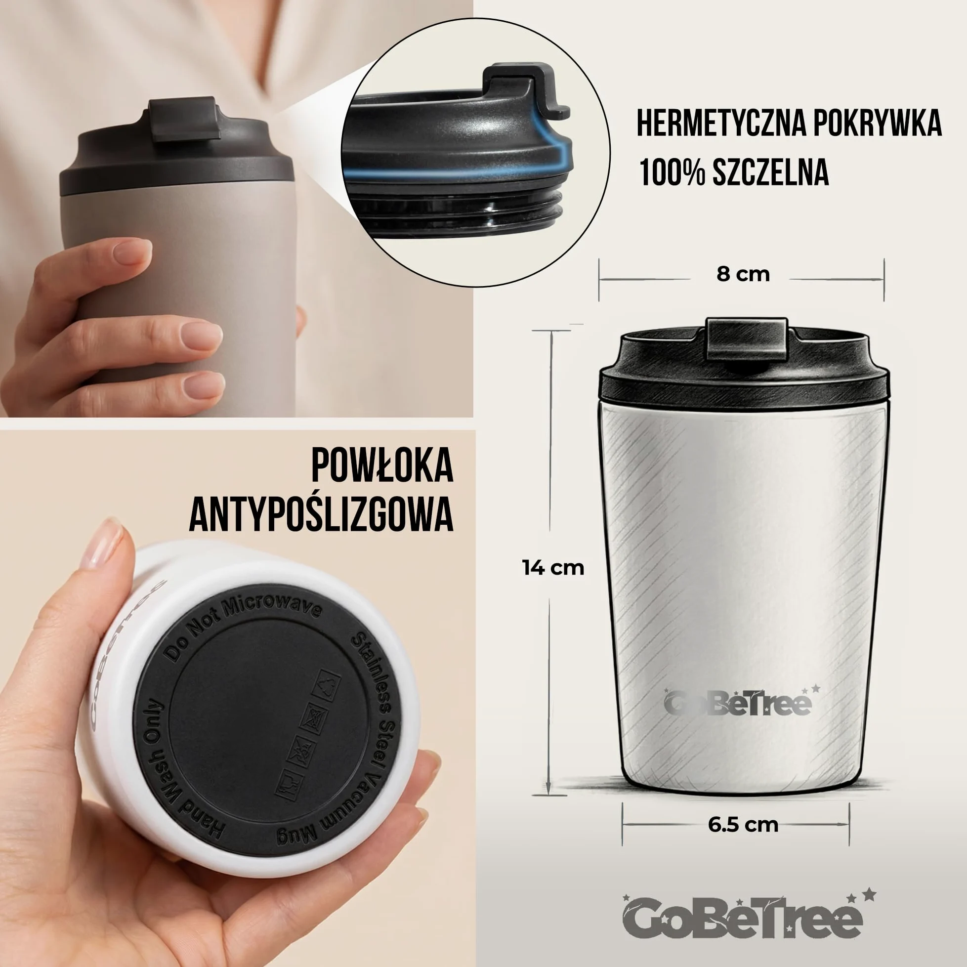 GoBeTree Kubek Termos do Kawy 360 ml (12 oz) Stal Nierdzewna QUARTZ. tumbler z hermetyczną pokrywą 100% szczelną i szerokim otworem do biura, samochodu, podróży, siłowni i kawy na wynos