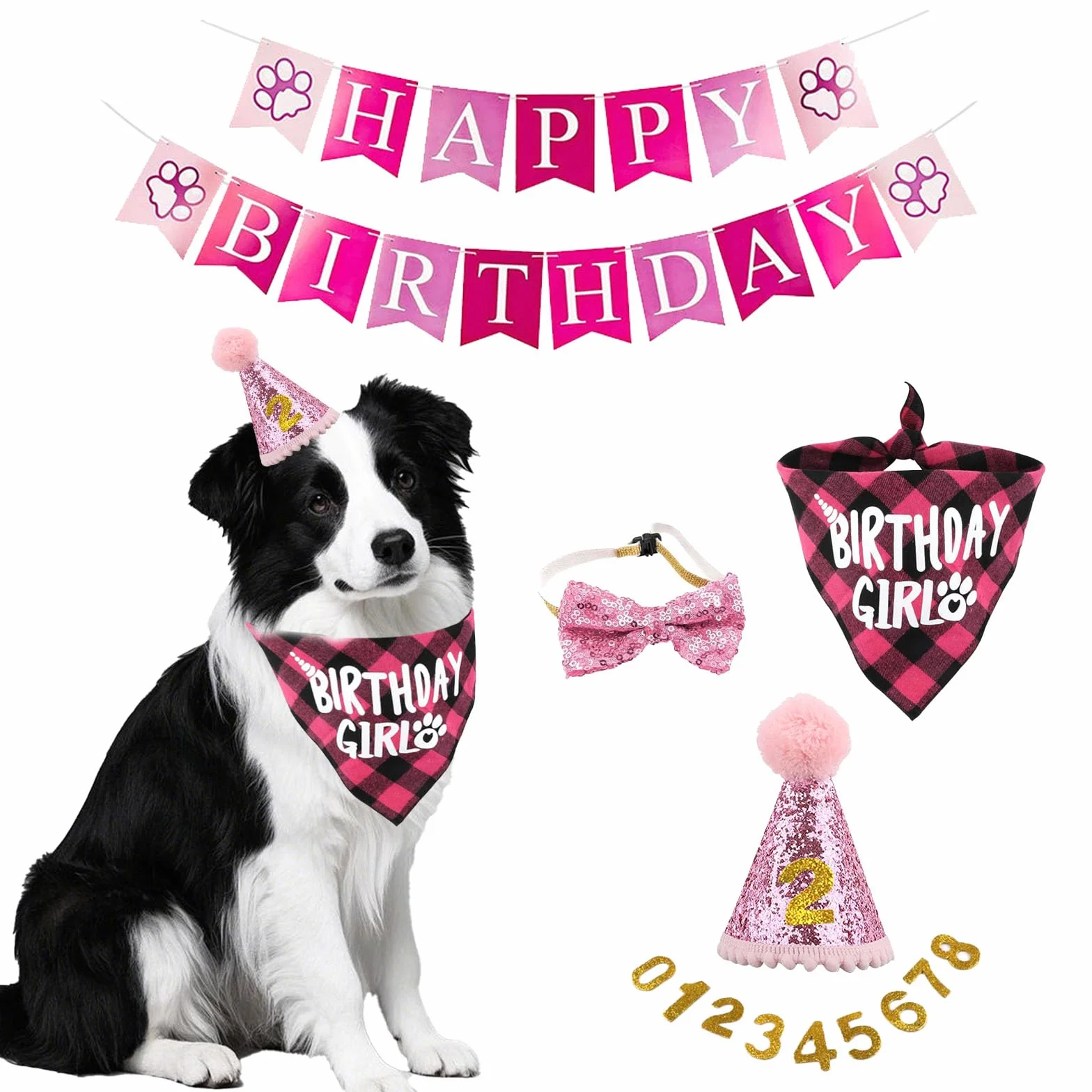 Kapelusz urodzinowy dla psa, zestaw 5 sztuk, bandana z 10 numerami Bling i banerem Happy Birthday, dekoracja urodzinowa (różowa)