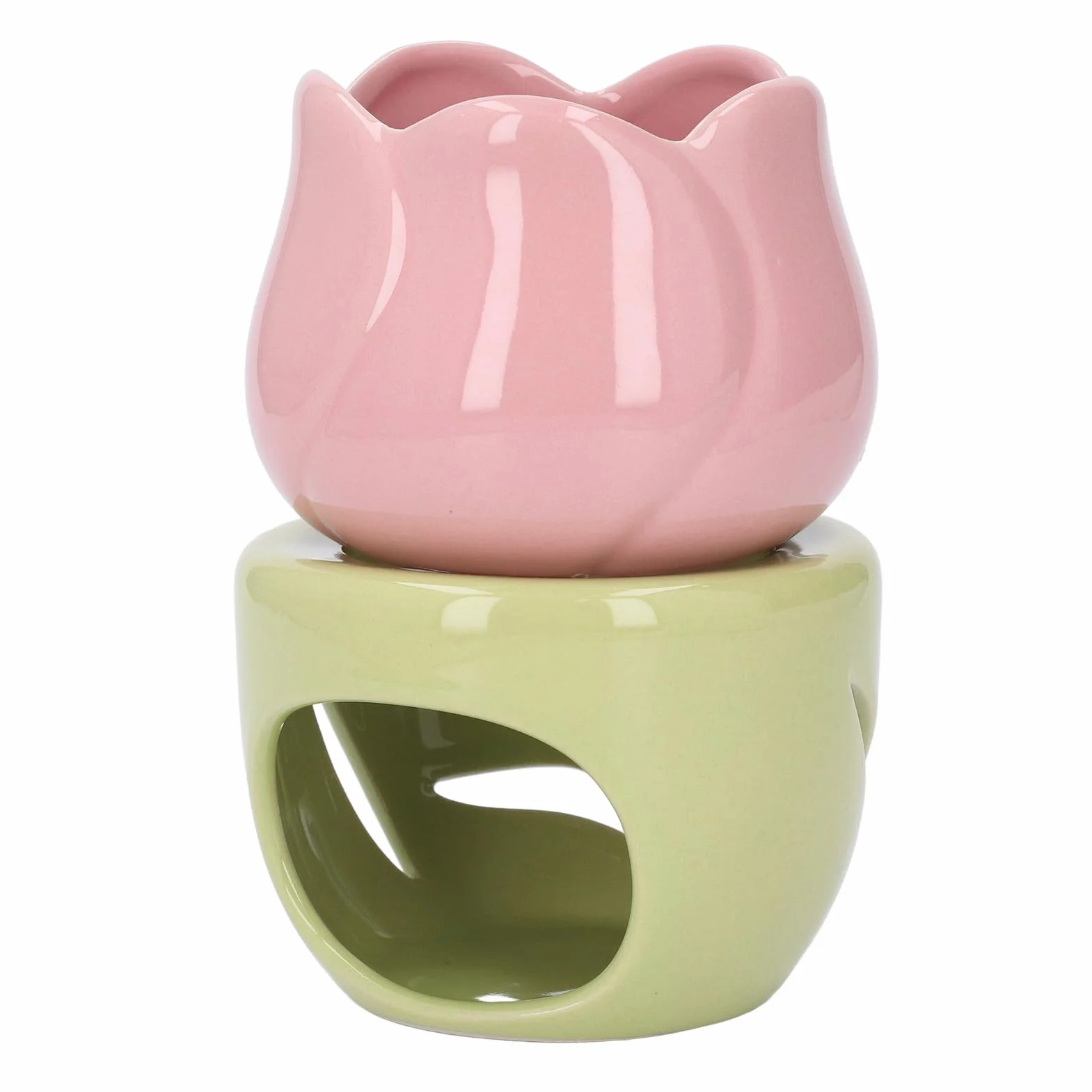 Ceramiczny Dyfuzor do Aromaterapii, Kominek na Olejki Eteryczne w Kształcie Różowego Kwiatu z Zielonym Stojakiem do Sesji Aromaterapii, do Użytku Domowego i Biurowego