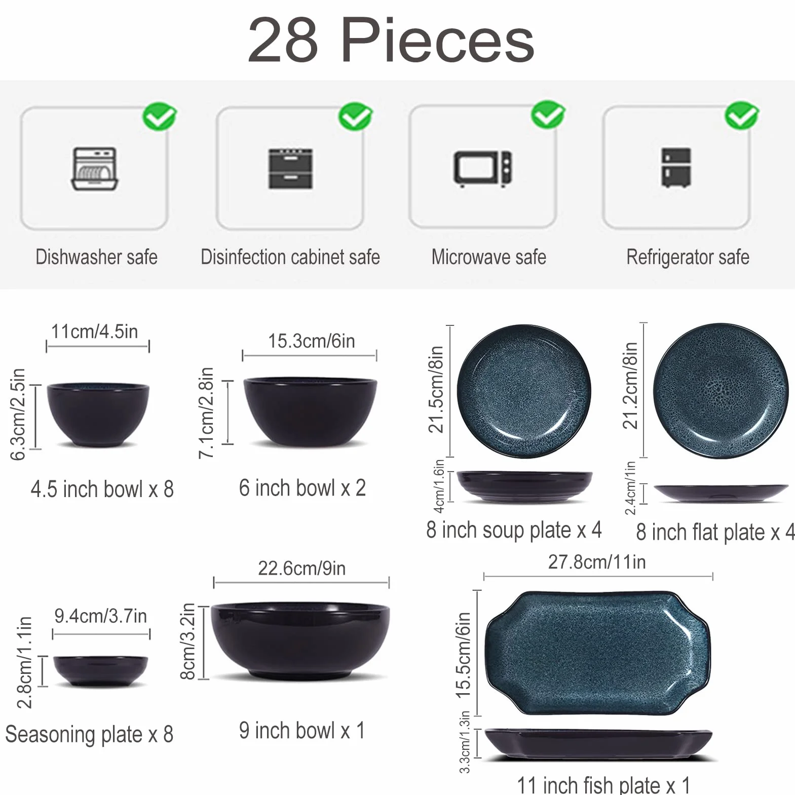 28-częściowy porcelanowy zestaw zastawy stołowej zawiera talerze obiadowe, talerze do zupy i miski, zestawy okrągłych talerzy i misek, zestaw naczyń kuchennych, okrągły zestaw obiadowy
