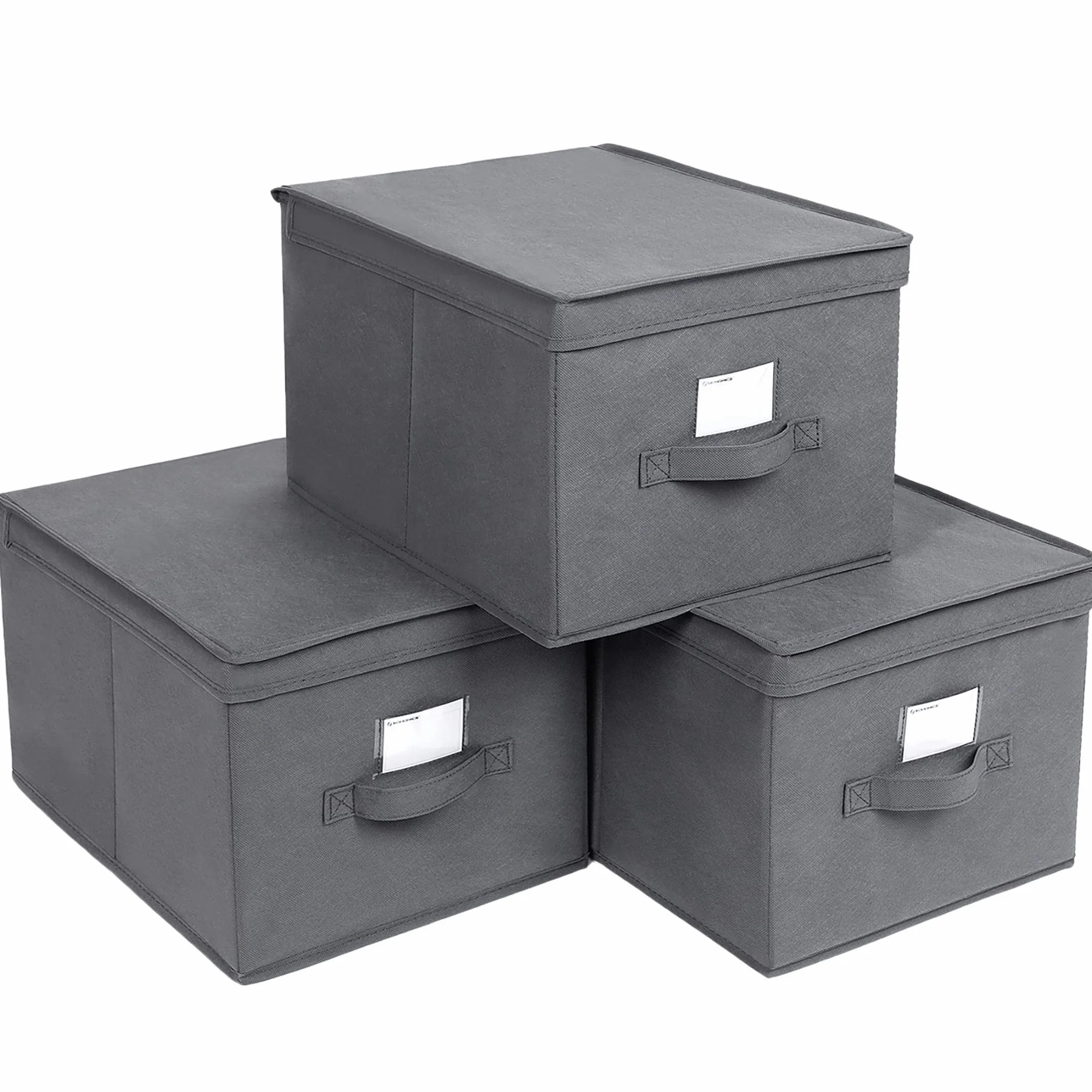 SONGMICS Pudełka składane, zestaw 3, pudełka do przechowywania z pokrywkami, pudełka materiałowe z uchwytami na etykiety, kosze do przechowywania, organizery na zabawki, 40 x 30 x 25 cm, szary RFB03G