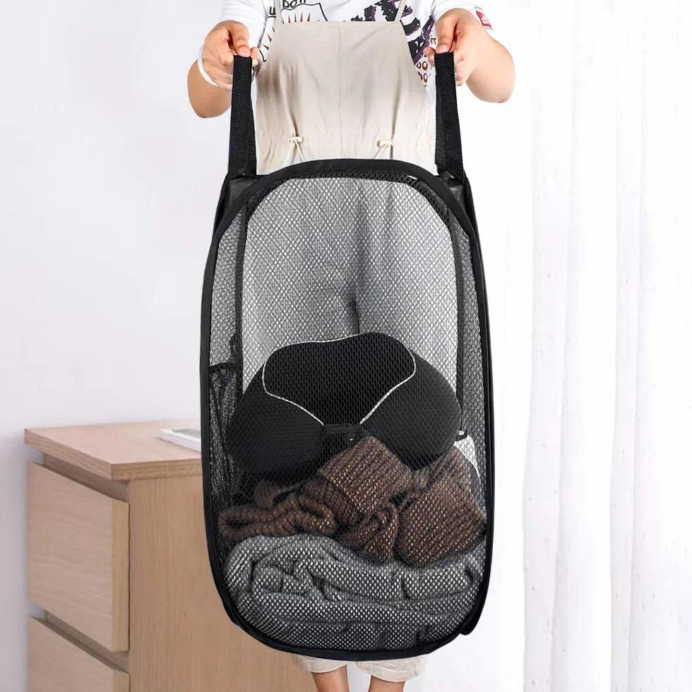 WD&CD Kosz na pranie [Zestaw 2 sztuk] Składane kosze na bieliznę Pop Up Mesh, torba na pranie, składany kosz na pranie z uchwytem, czarny