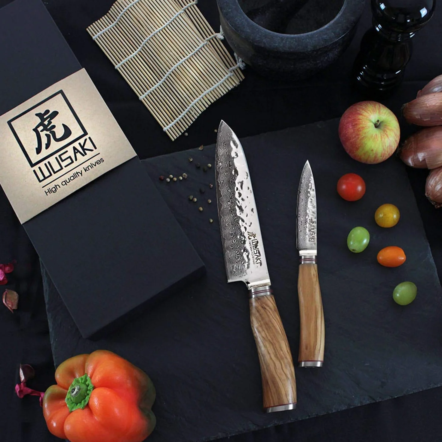 Wusaki Damasceński VG10 Zestaw 2 noży kuchennych: santoku + nóż biurowy - Ostrza adamaszku i rękawy z drewna oliwkowego