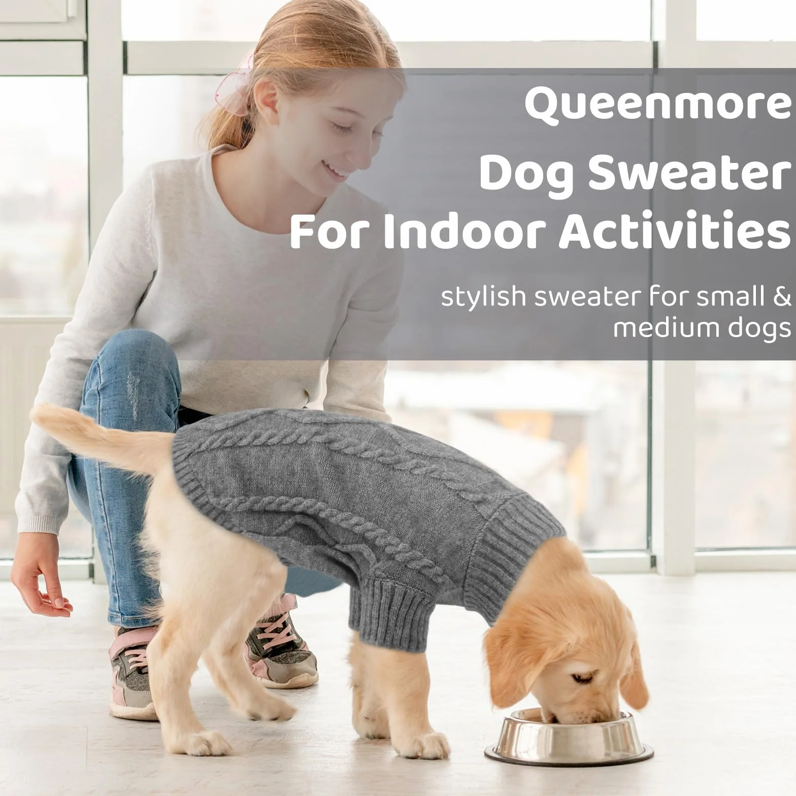 Queenmore Dzianinowy Sweter Golf dla Psa Średni Rozmiar Jamnik Chihuahua Yorkie, Ciemnoszary, M