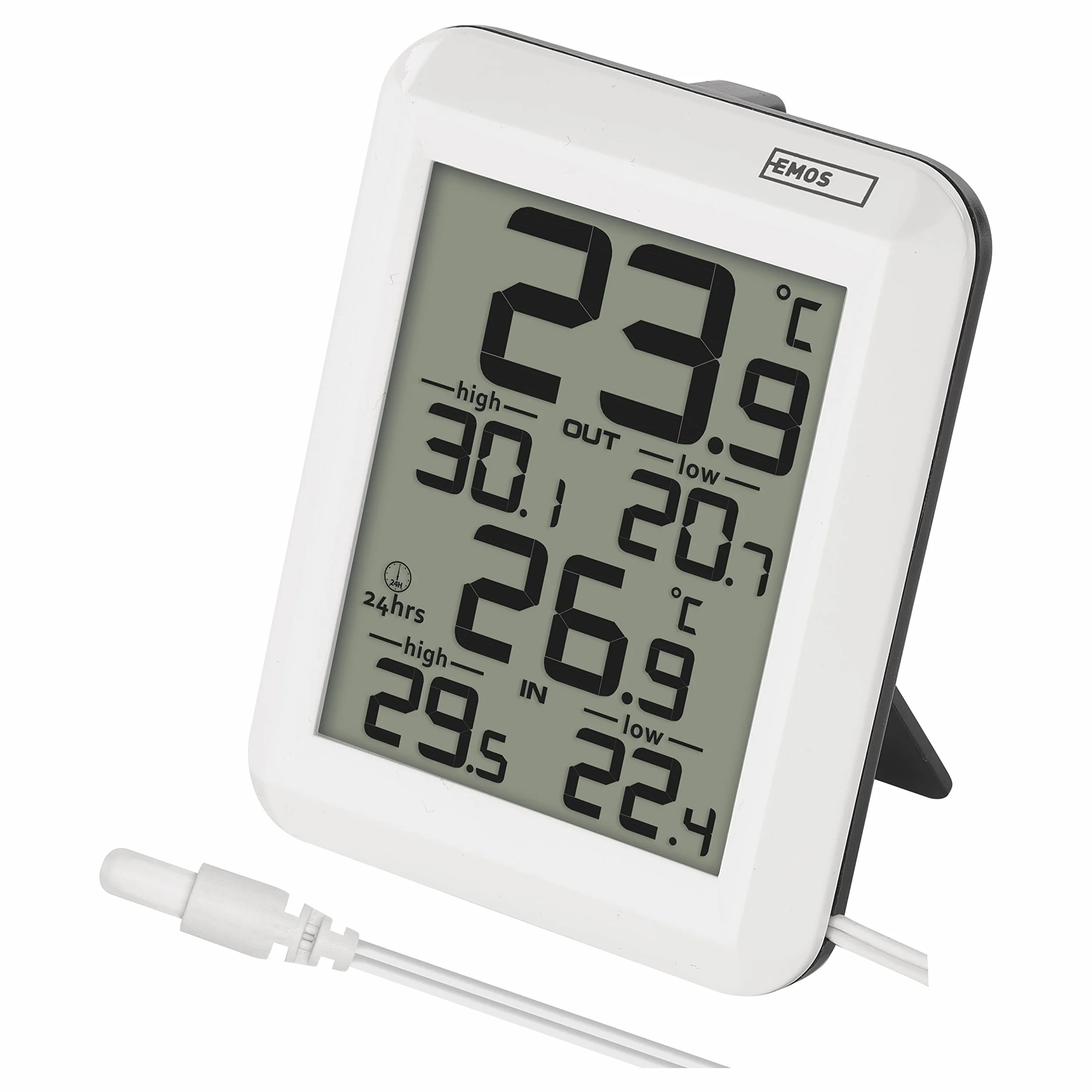 EMOS Cyfrowy termometr, termometr zewnętrzny/wewnętrzny z czujnikiem kabla 0,9 m i funkcją pamięci 24 h, °C/°F, zasilany bateriami