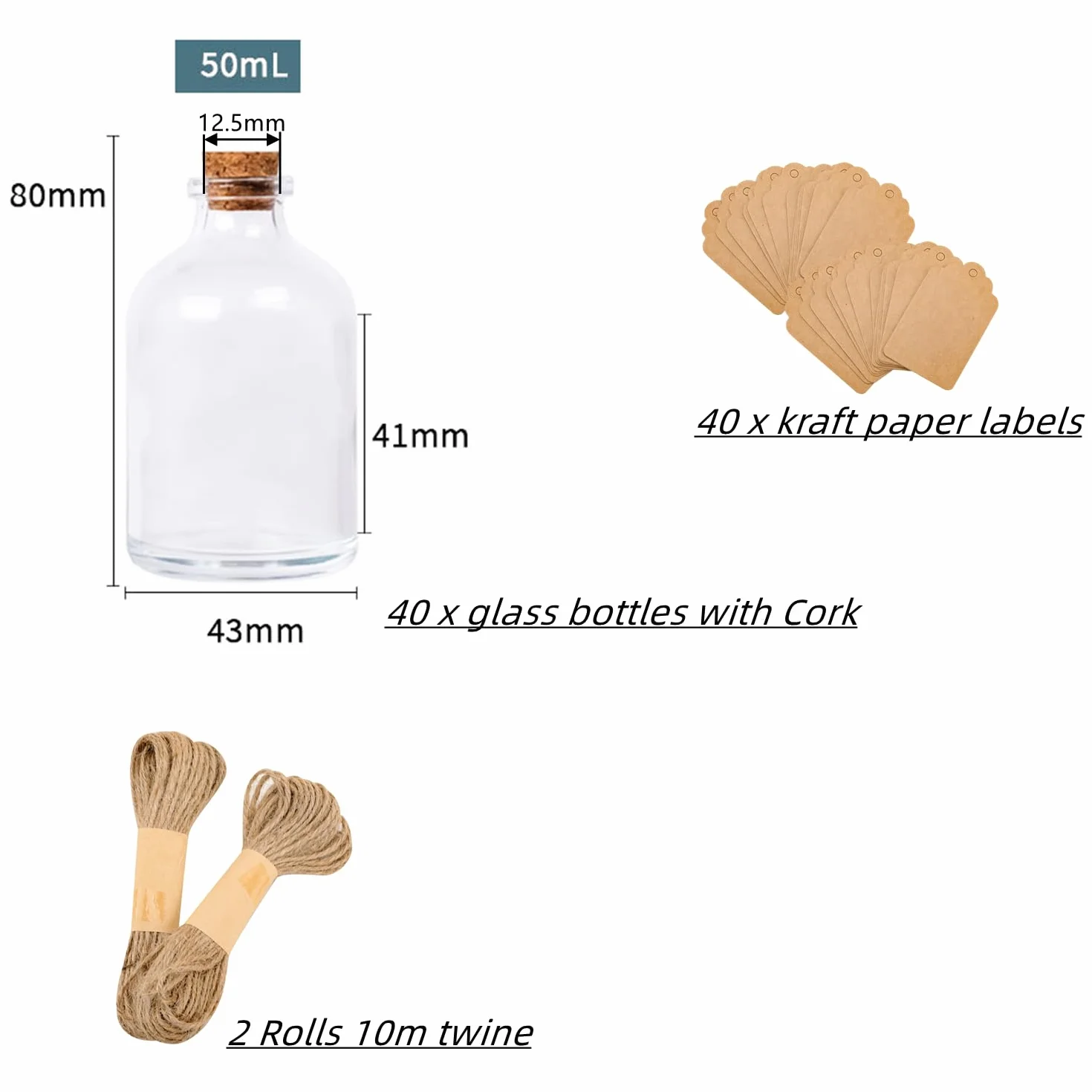 40 sztuk mini szklanych butelek z korkiem, szklane butelki 50 ml na upominki weselne, szklane butelki z korkowymi korkami, etykiety i sznurek do dekoracji rzemieślniczych, weselnych