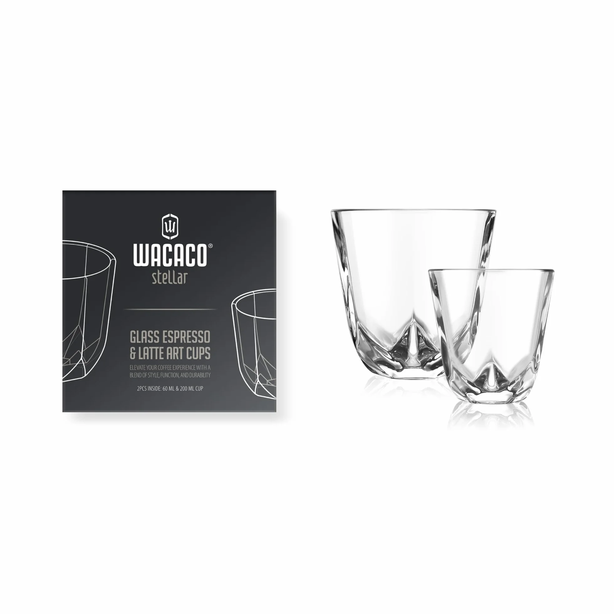 WACACO Stellar Filiżanki do espresso, zestaw 2 filiżanek do kawy, 1 x 60 ml i 1 x 200 ml, szklanka sodowo-limonkowa, ośmiostronny design, kubek do kawy do espresso, latte, cappuccino, mokka