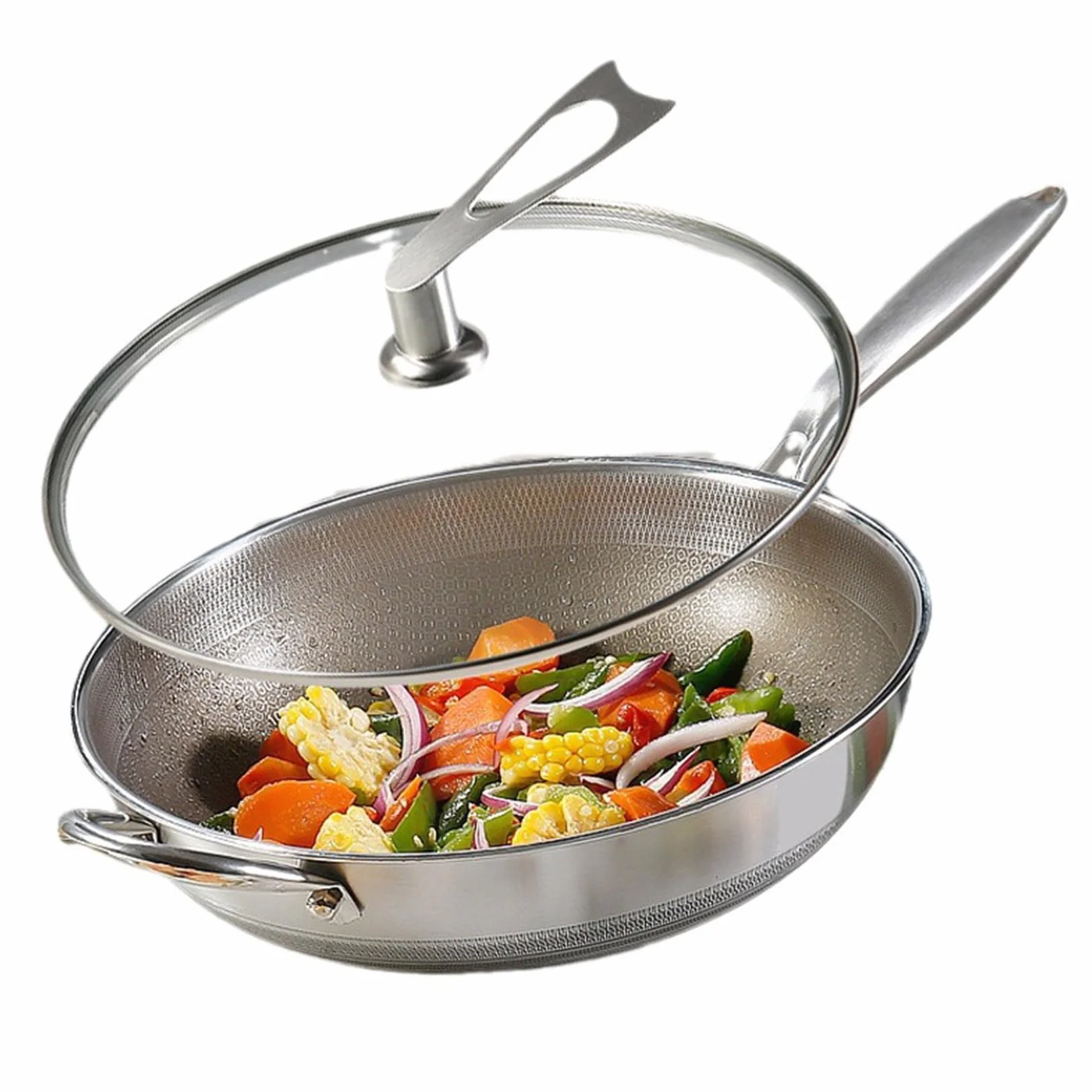Niepowlekany tytanowy wok, nieprzywierający, 32 cm / 34 cm, stal nierdzewna, trójwarstwowa konstrukcja, metalowy, nadaje się do użycia w zmywarce, wysokość 9 cm (srebrny, 34 cm)