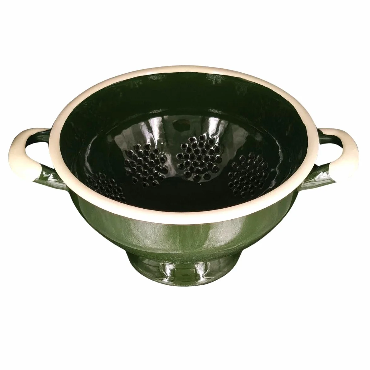Durszlak emaliowany zielony na nóżce 2,4 L ręcznie robiony stal emaliowana styl retro vintage rustykalny farmhouse do makaronu warzyw i owoców średnica 22 cm