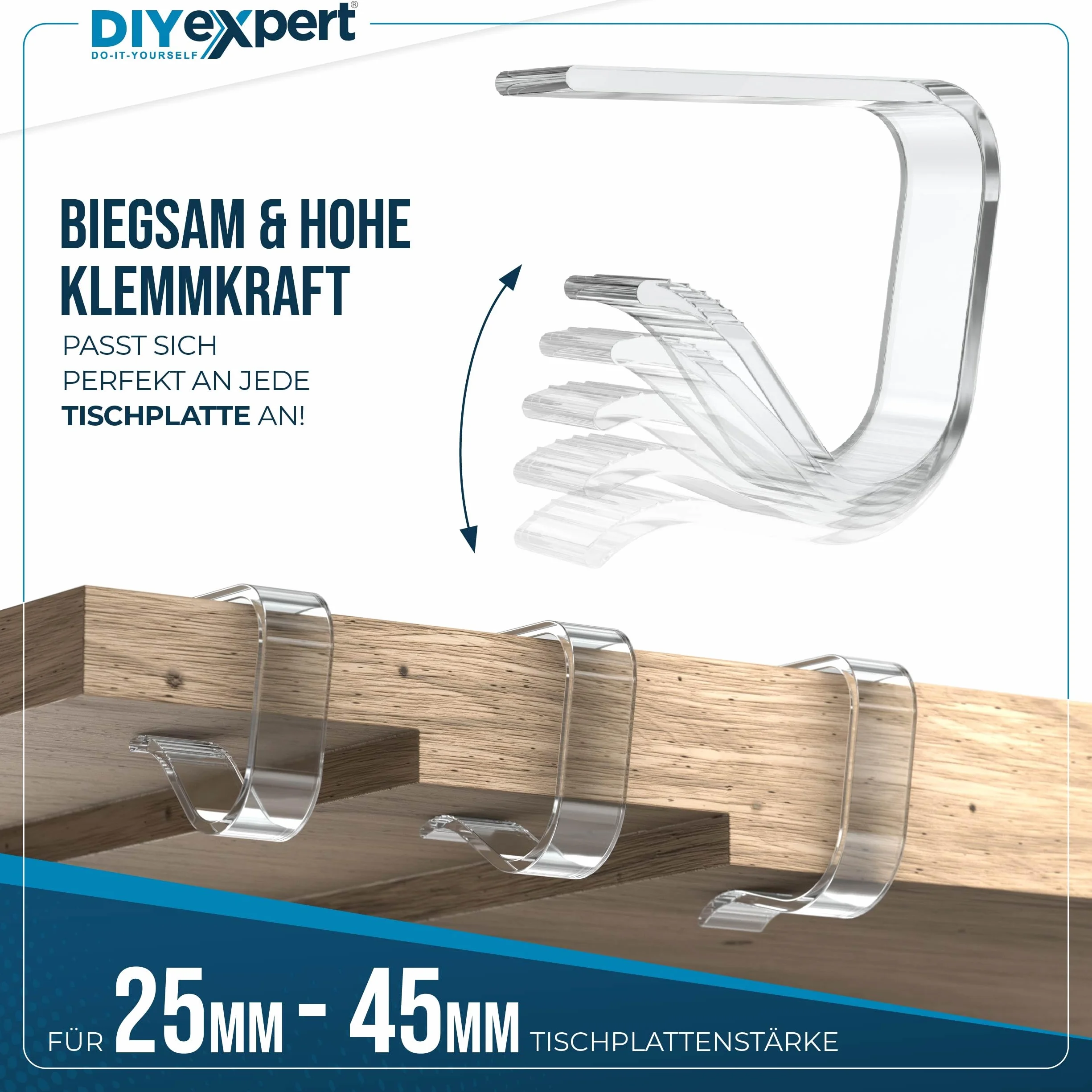 DIYexpert Przezroczyste klamerki do obrusu Made in Germany [do 45 mm] [8 sztuk] stabilne klamry do obrusów – odporne na warunki atmosferyczne i antypoślizgowe – klamry do stołu, do ogrodu, na balkon i