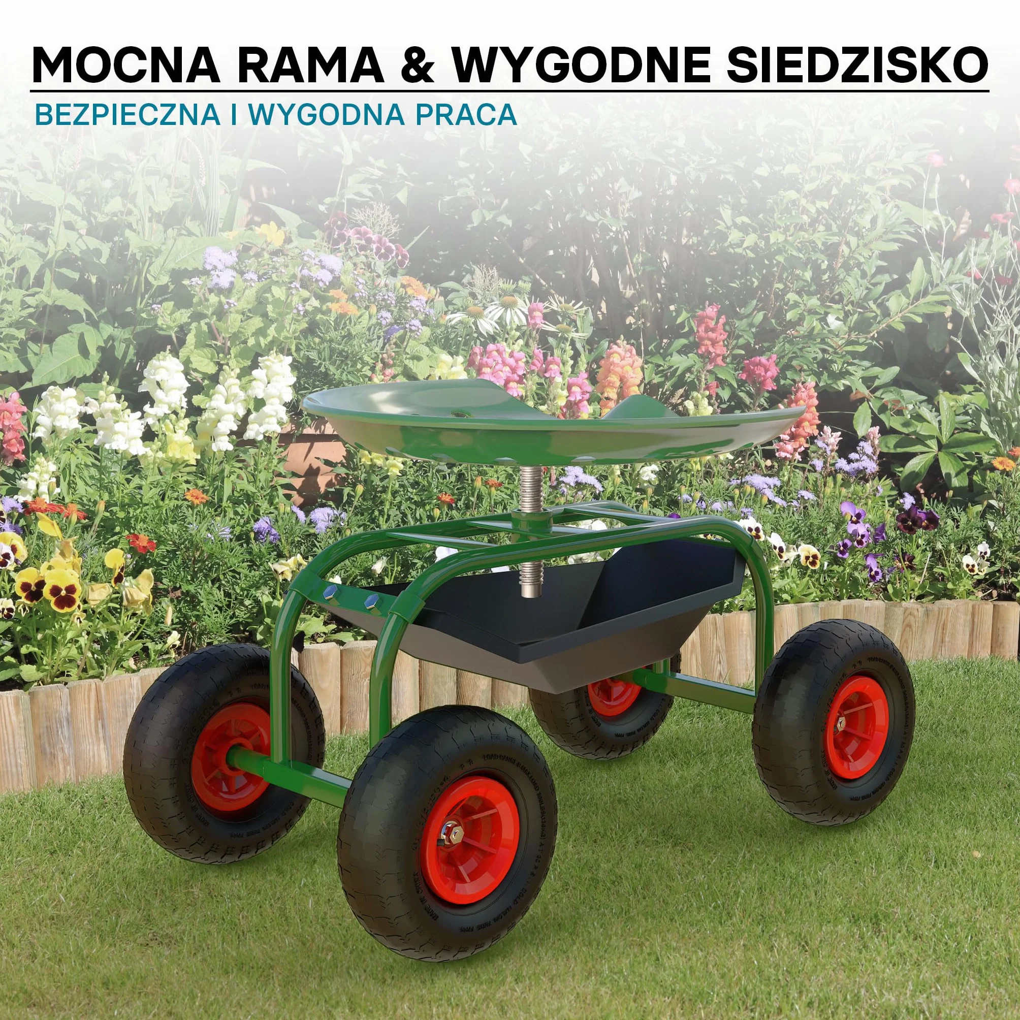 Wiltec Wózek ogrodowy z siedziskiem na kółkach i półką do ogrodu, taboret warsztatowy, mobilne siedzisko robocze ze stalową konstrukcją do 150 kg