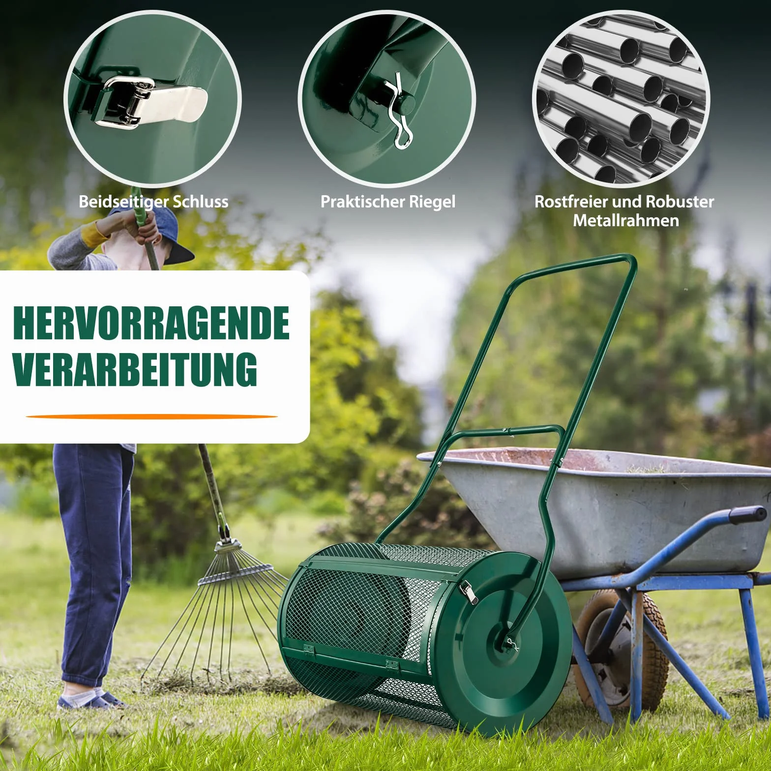 COSTWAY Rozsiewacz kompostowy 80 l, dystrybutor torfowy z uchwytem U, Ø 40 x 68 cm, rozsiewacz nawozu, trawnik, ogród, rozsiewacz nawozów i sadzonek, kompostownik, metal, dystrybutor z koszem z siatki