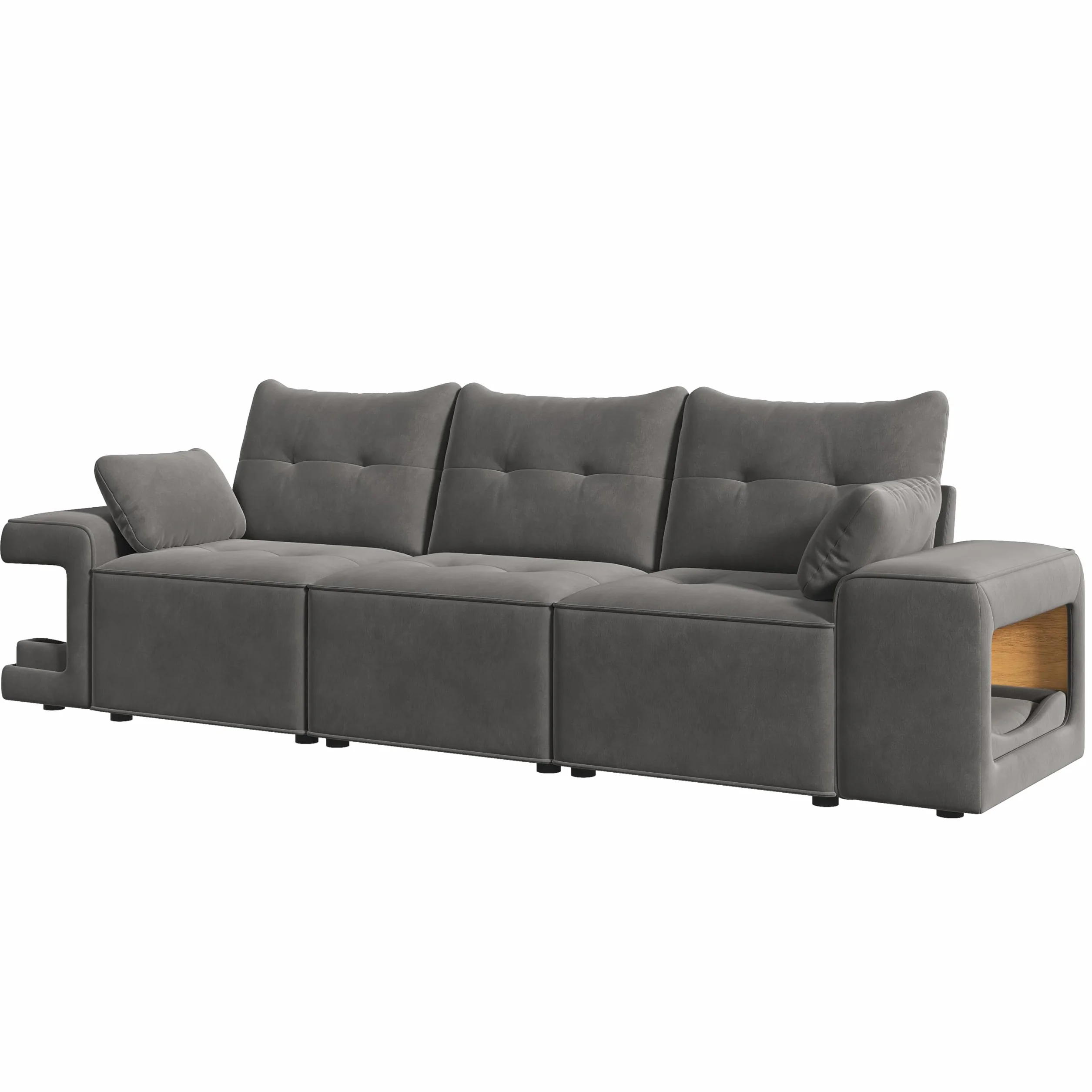 Nowoczesna 3-osobowa sofa, modułowa sofa Cloud z szerokimi podłokietnikami, miejscem do przechowywania, wyściełanym obszarem dla zwierząt domowych, w zestawie 2 poduszki, szara