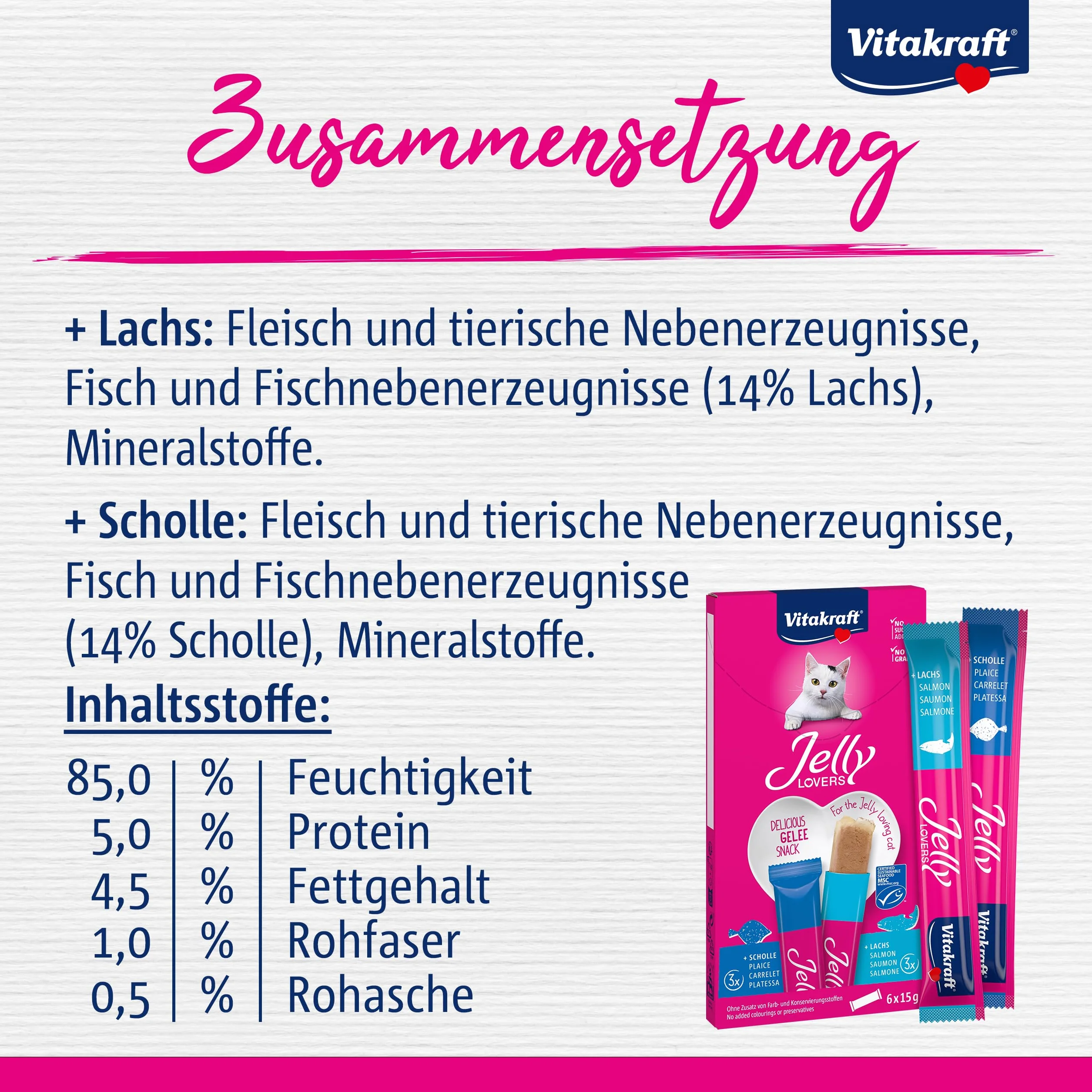Vitakraft Jelly Lovers, przekąska dla kota, z łososiem i gładzicą, w opakowaniu zapasowym, bez dodatku cukru i zbóż (1 opakowanie 6 x 15 g)