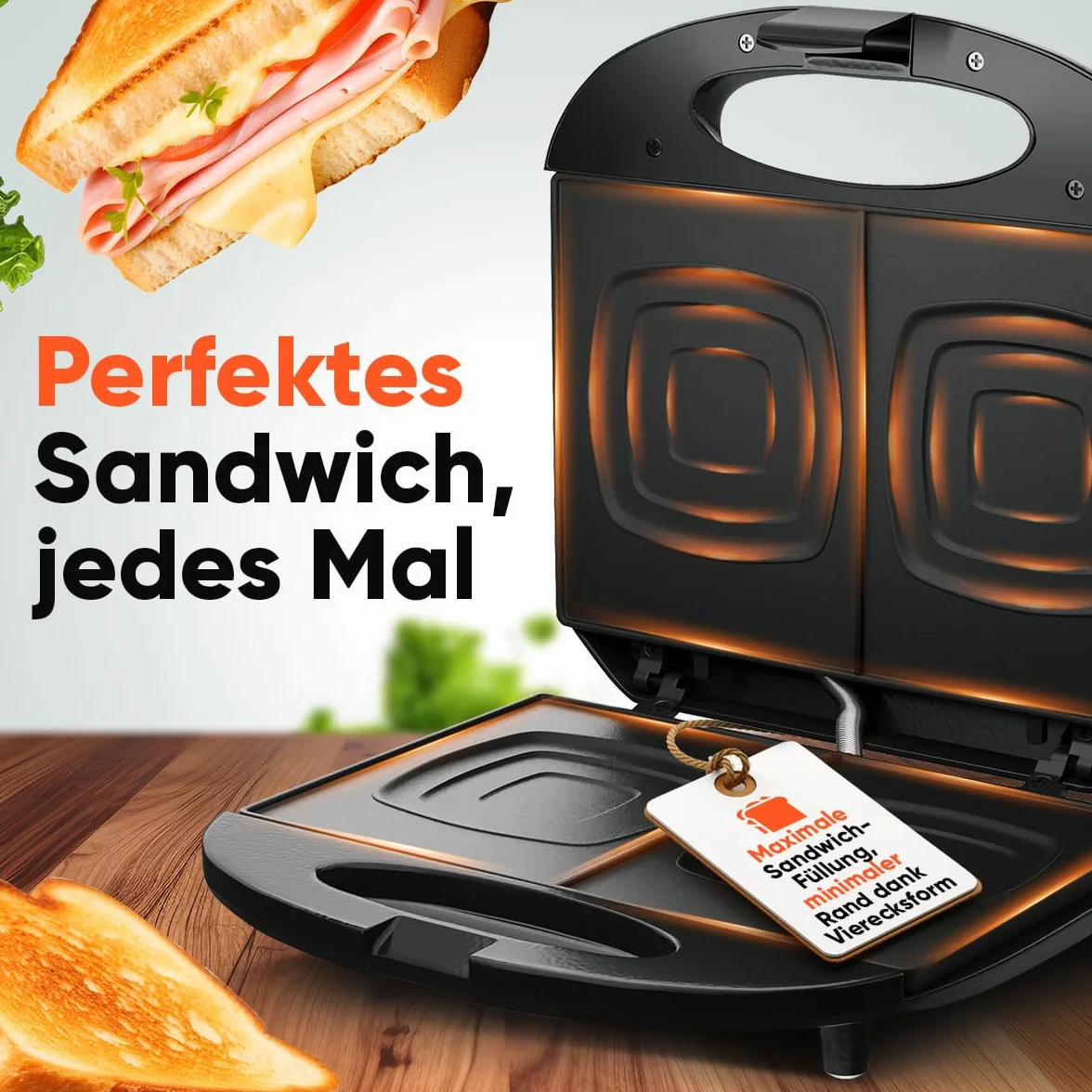Clatronic, Urządzenie do robienia kanapek/croque-Monsieur ST3814 Czarne - kwadratowe talerze z powłoką nieprzywierającą, izolowany termicznie uchwyt, automatyczny regulator temperatury