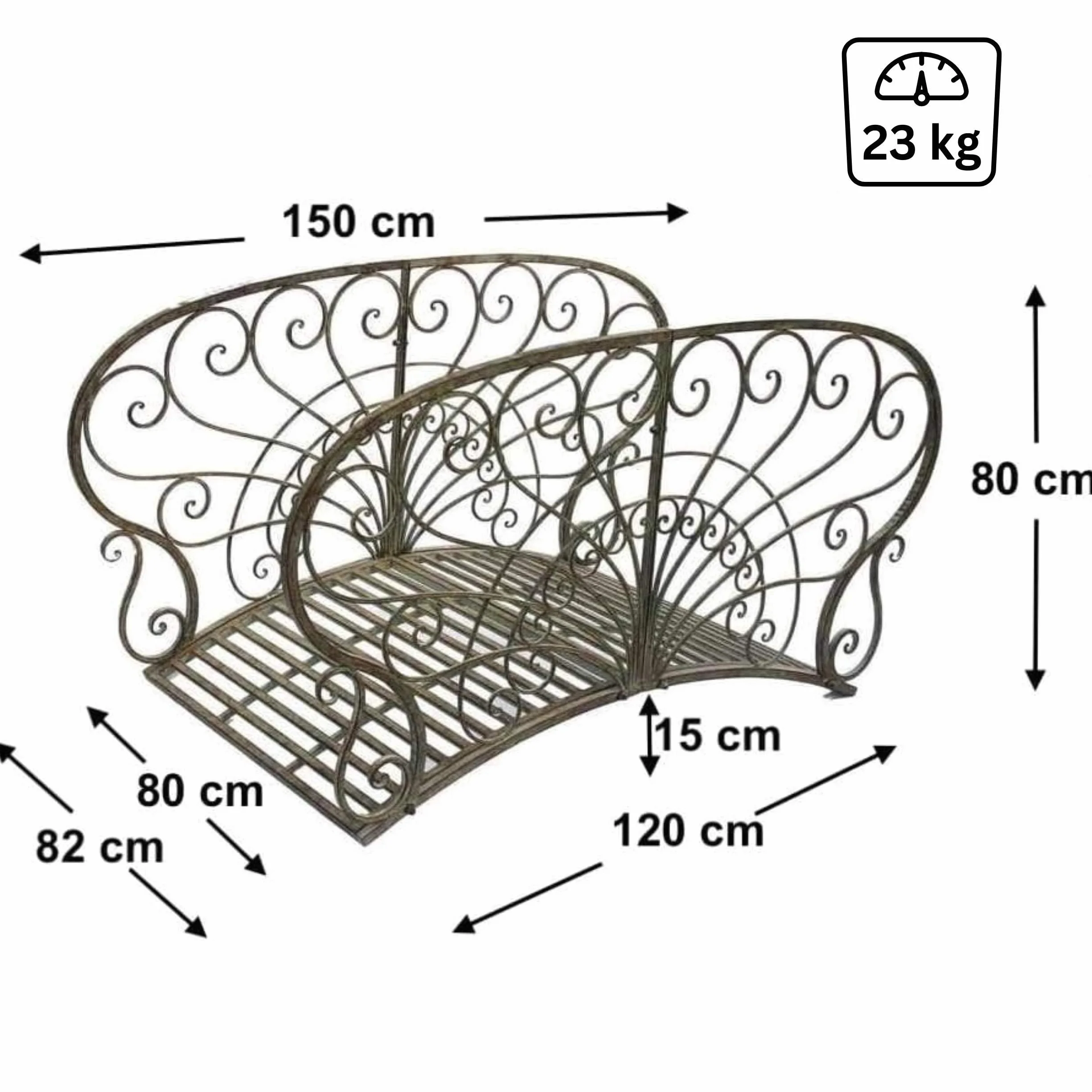 DanDiBo Most ogrodowy metalowy z poręczą w stylu antycznym 150106, 150 cm, do ogrodu, metalowy most, meble ogrodowe, most do stawu, stabilny