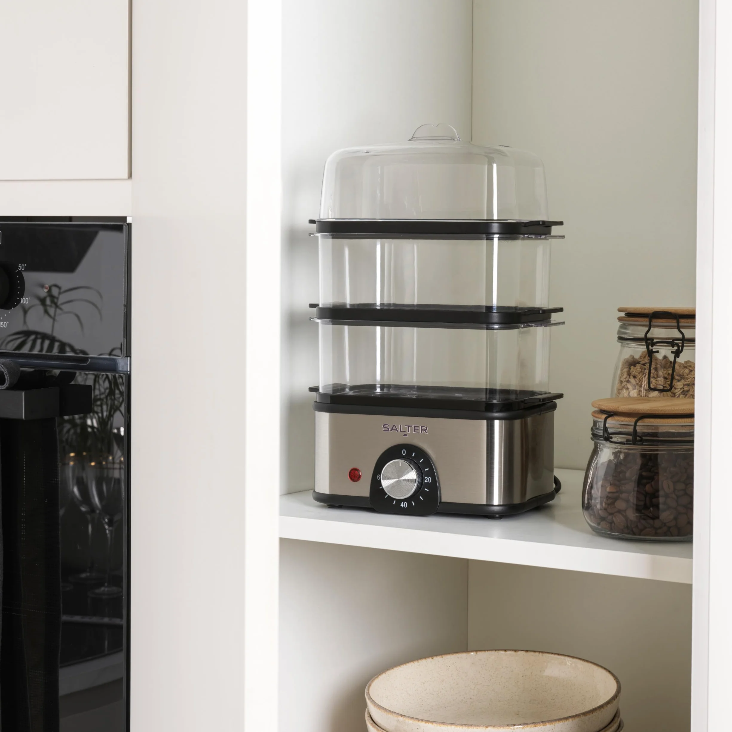 Parowar 3-poziomowy Salter – kompaktowy multicooker, 3 kosze do gotowania na parze, elektryczny jajowar, pojemność na 8 jajek, timer do 60 minut, pojemność 3L, moc 500W