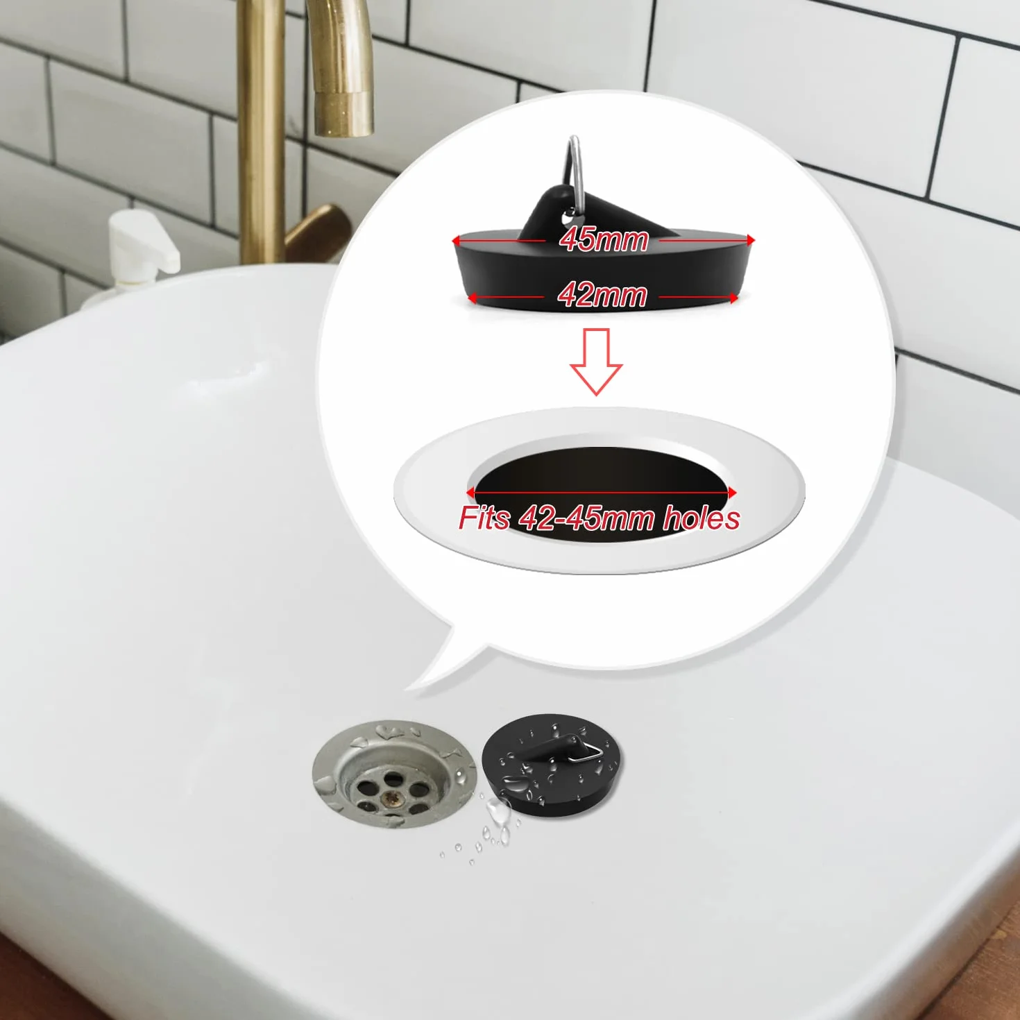 Korek do wanny z łańcuszkiem kulkowym ze stali nierdzewnej, 45 mm, gumowy stoper do wanny i łańcuch, uniwersalny korek odpływowy z długim łańcuchem, do łazienki, kuchni, umywalki
