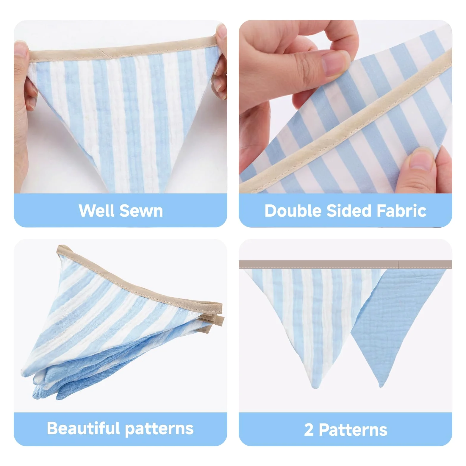 G2PLUS Flagi bawełniane, 2,6 m, jasnoniebieski wieniec z pionowymi paskami, girlanda dwustronna do dekoracji pokoju dziecięcego, baby shower, urodzin, chrztu, majsterkowania