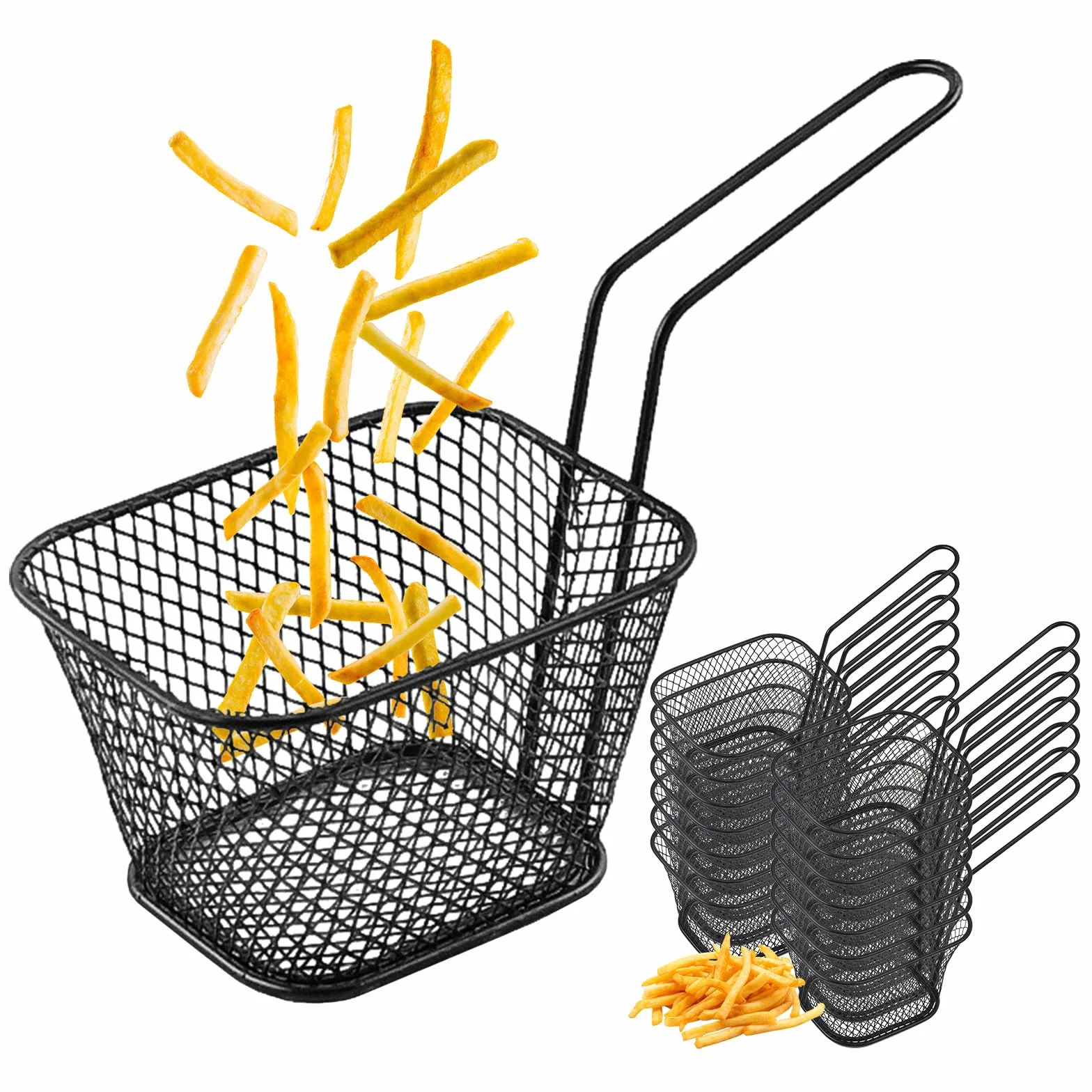 Koszyki do frytek, 12 sztuk, małe czarne koszyki do serwowania frytek, mini koszyków ze stali nierdzewnej, do frytek, mini koszyków do smażenia z uchwytem, koszyki do serwowania frytek, krewetek