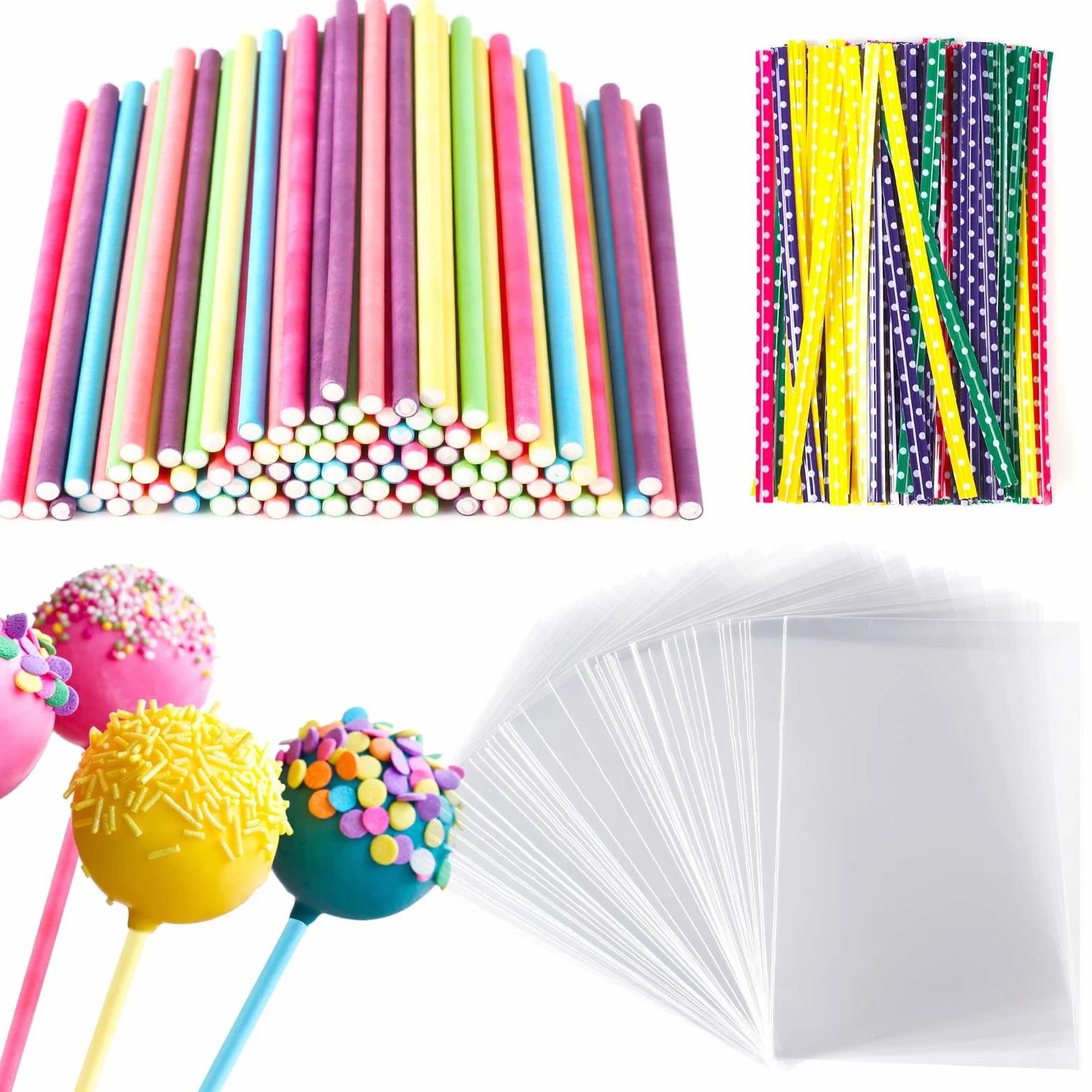 Yoosso Zestaw 300 sztuk patyczków ciast, 100 torebek na słodycze, 100 patyczków do lizaków z ties Twist Ties do słodyczy, wypieków, ciastek, cukierków