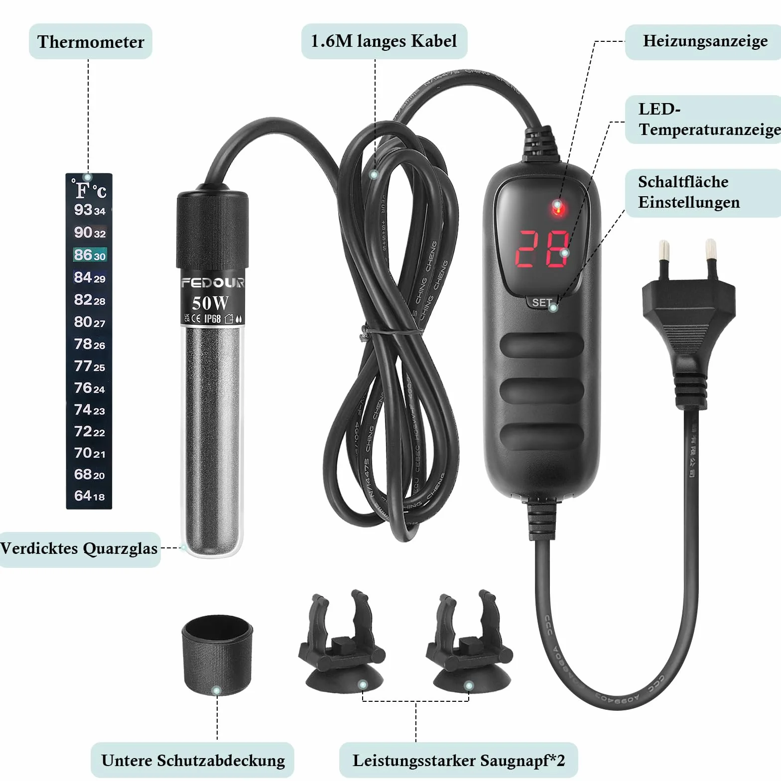 FEDOUR Mini grzałka do akwarium 50 W cyfrowy grzejnik 15-50 l kontroler temperatury