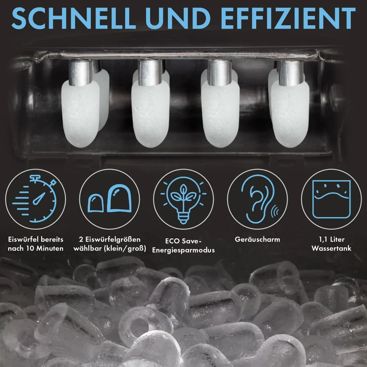 Clatronic® EWB 3798 Ice Cube Machine Fast Production - Ice Cube in 10 Minutes | Up to 10 kg of Ice in 24 Hours | Ice Cube Machine with 2 Ice Cube Sizes and 1.1 L Water Tank | Includes Ice Scoop