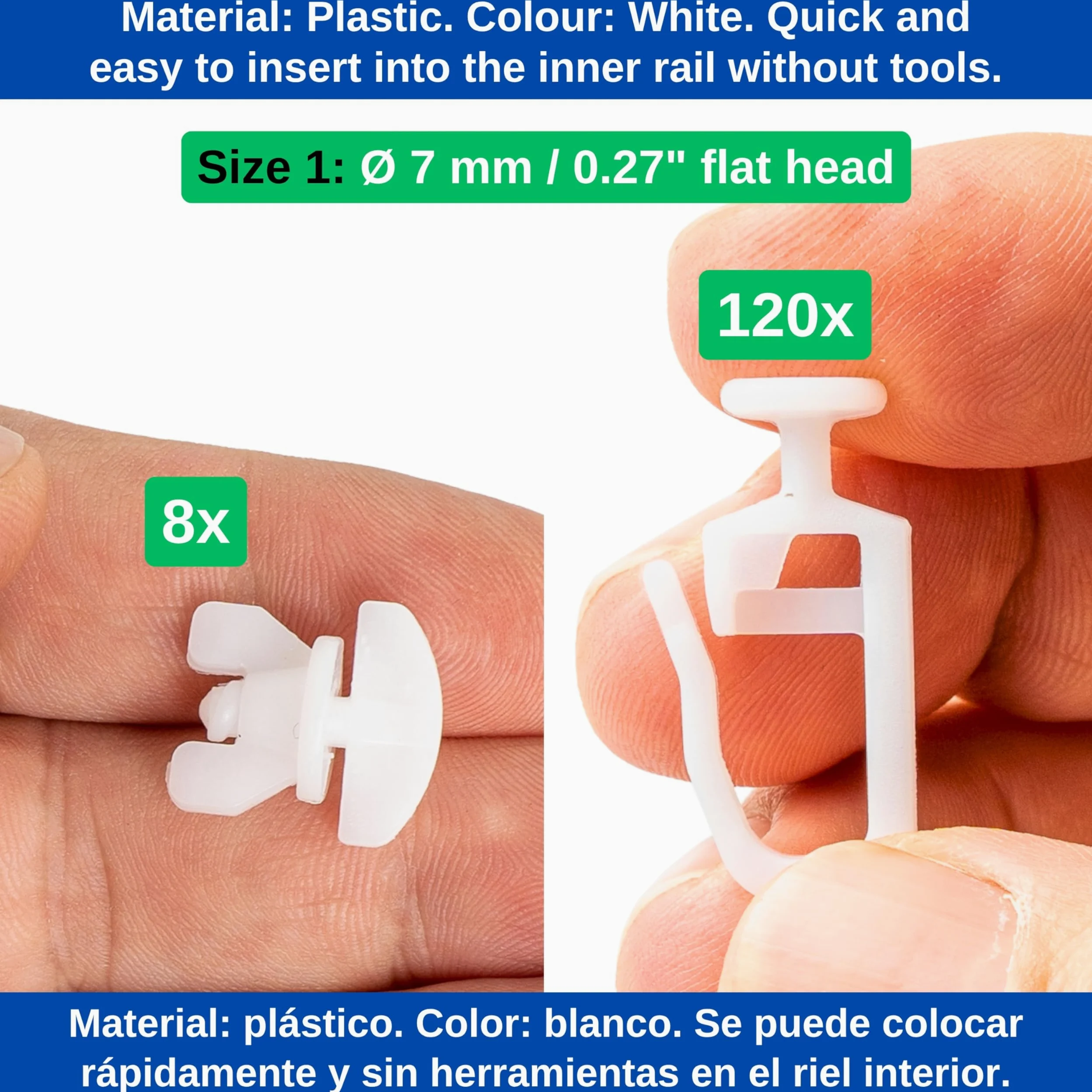 120 x suwaki do zasłon, 8 x wsporniki pośrednie, ślizgacz z płaską główką Ø 7 mm, do szyn o szerokości toczenia 3-4 mm i 8 x 3 mm, białe haczyki na zatrzaski