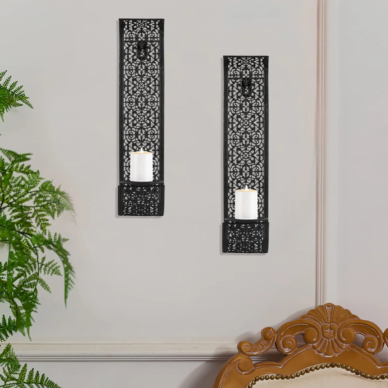 Sziqiqi Świeczniki ścienne w stylu vintage, czarne, kinkiety, świeczniki do świec filarowych, metalowe, naścienne, wiszące, eleganckie kinkiety ścienne do salonu, łazienki, 2 szt.