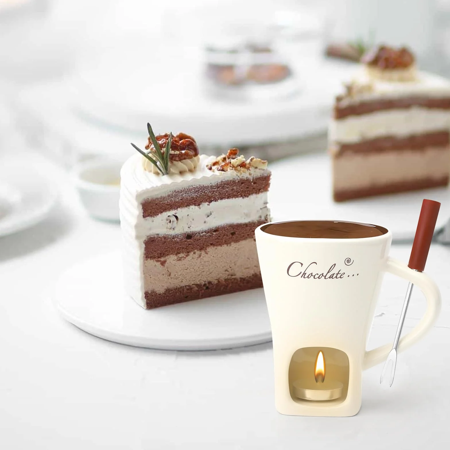 Filiżanka do fondue czekoladowego, ceramiczna, 130 ml, z uchwytem na podgrzewacze i widelcami, czekoladowe fondue, zestaw do fondue, czekolady, fondue, czekolady, fondue, zestaw do topienia czekolady