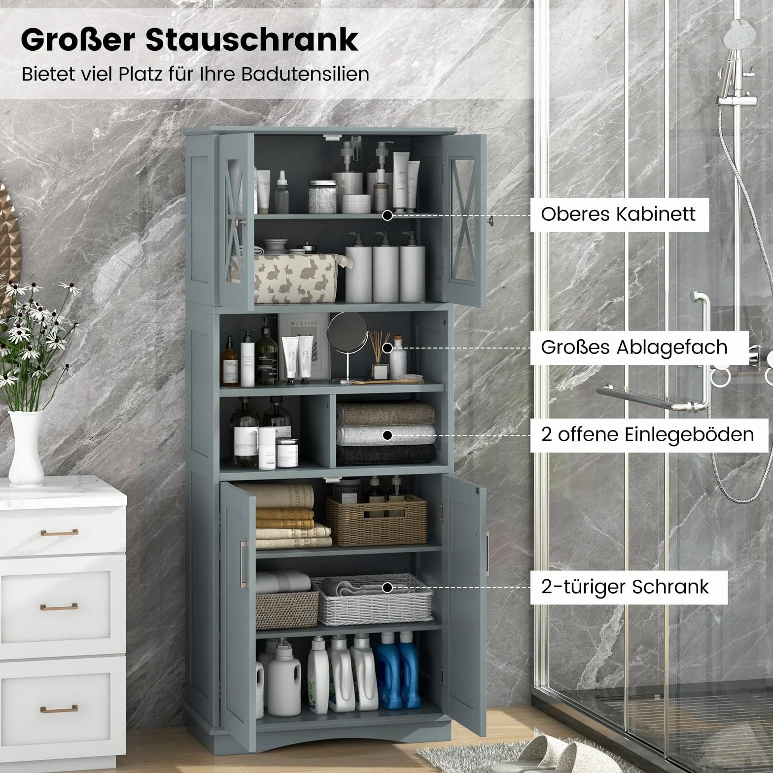 COSTWAY Szafka łazienkowa, wysoka szafka łazienkowa z 3 regulowanymi półkami i 4 drzwiami, drewniana szafka do przechowywania, do łazienki, salonu i kuchni, 60 x 30 x 145 cm (szara)