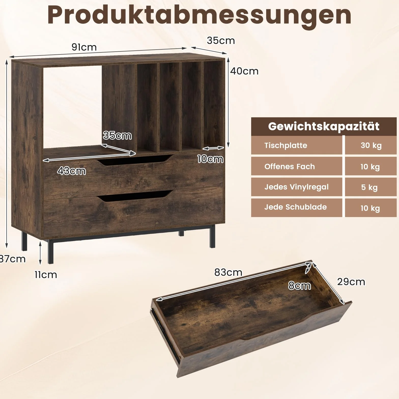 COSTWAY Stojak na Gramofon w Stylu Retro, Szafka na Płyty Winylowe z Otwartą Półką, 4 Przegrody na Winyle i 2 Szuflady, Stół Muzyczny do Salonu i Sypialni, Brązowy