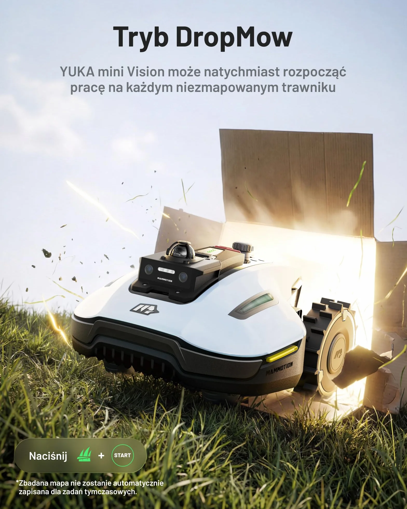 MAMMOTION YUKA mini 2 800 LiDAR Robot koszący bez przewodu obwodowego, rekomendowany 800 m³, LiDAR 360°+ AI Vision, rozpoznawanie ponad 300 przeszkód, DropMow, nachylenie 45%