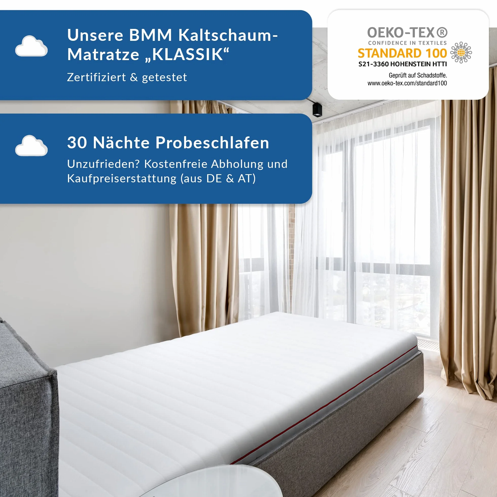 BMM Materac 120 x 200 cm Klasyczny 19, stopień twardości H5 Ultra twardy / Materac z zimnej pianki, certyfikat Öko-Tex/Ergonomiczny, 7 stref, grubość 19 cm/Materac o niemieckim wzornictwie.
