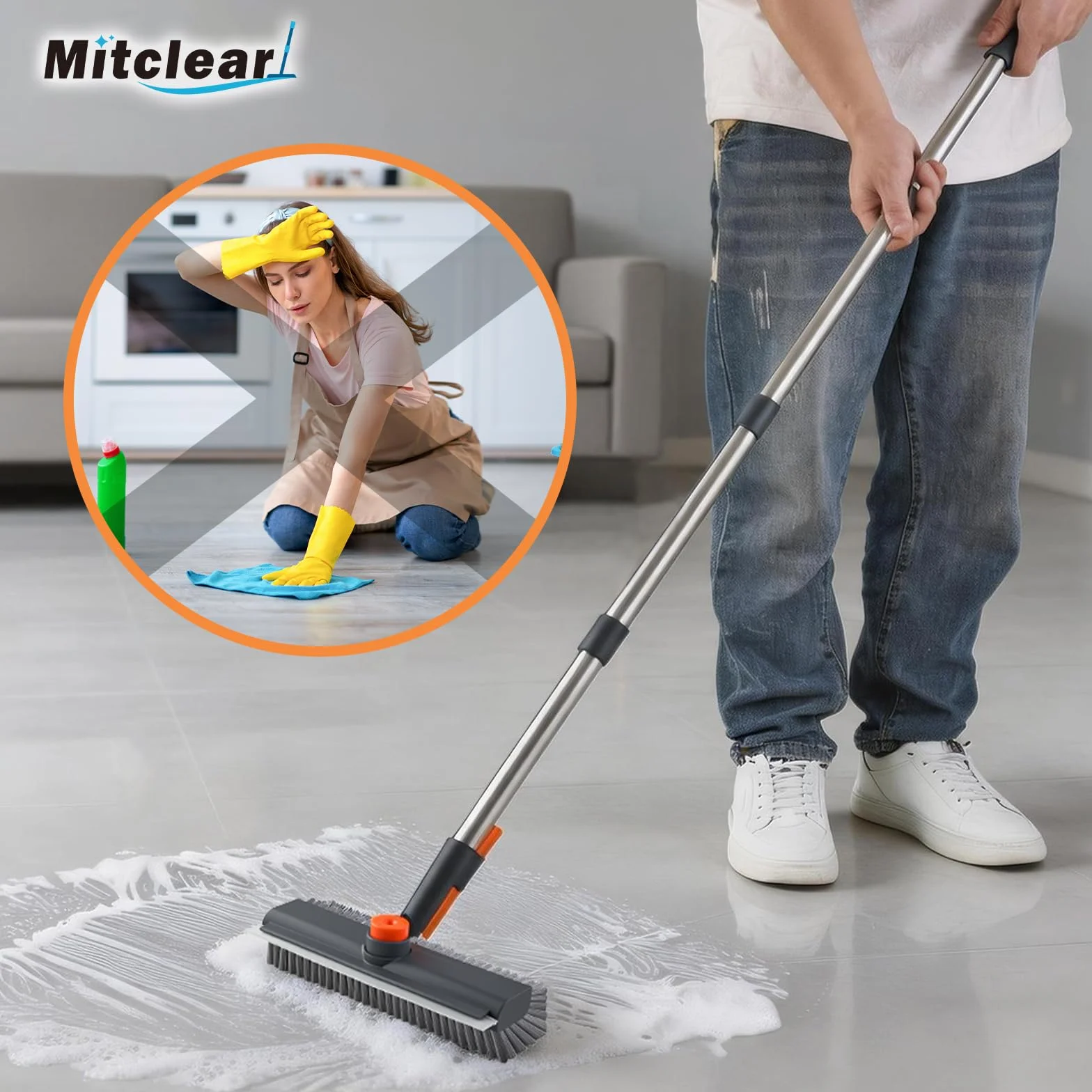 Mitclear Szczotka do Szorowania Podłóg z Długim Uchwytem(122cm), Szczotka do Szorowania 3 w 1 ze Sztywnym Włosiem i Ściągaczką do Szorowania Podłóg w Kuchni, Łazience, Tarasie, Patio, Garażu
