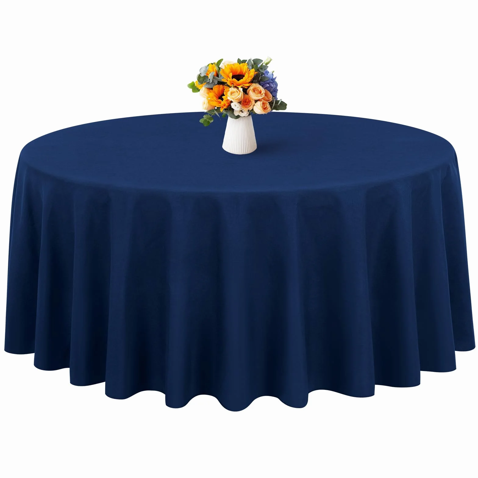 Showgeous Granatowy okrągły obrus 90 cali (228 cm), tkanina poliestrowa, obrus nadający się do prania, pokrycie stołu z tkaniny na wesele, bankiet, do restauracji, na imprezy bufetowe i kemping