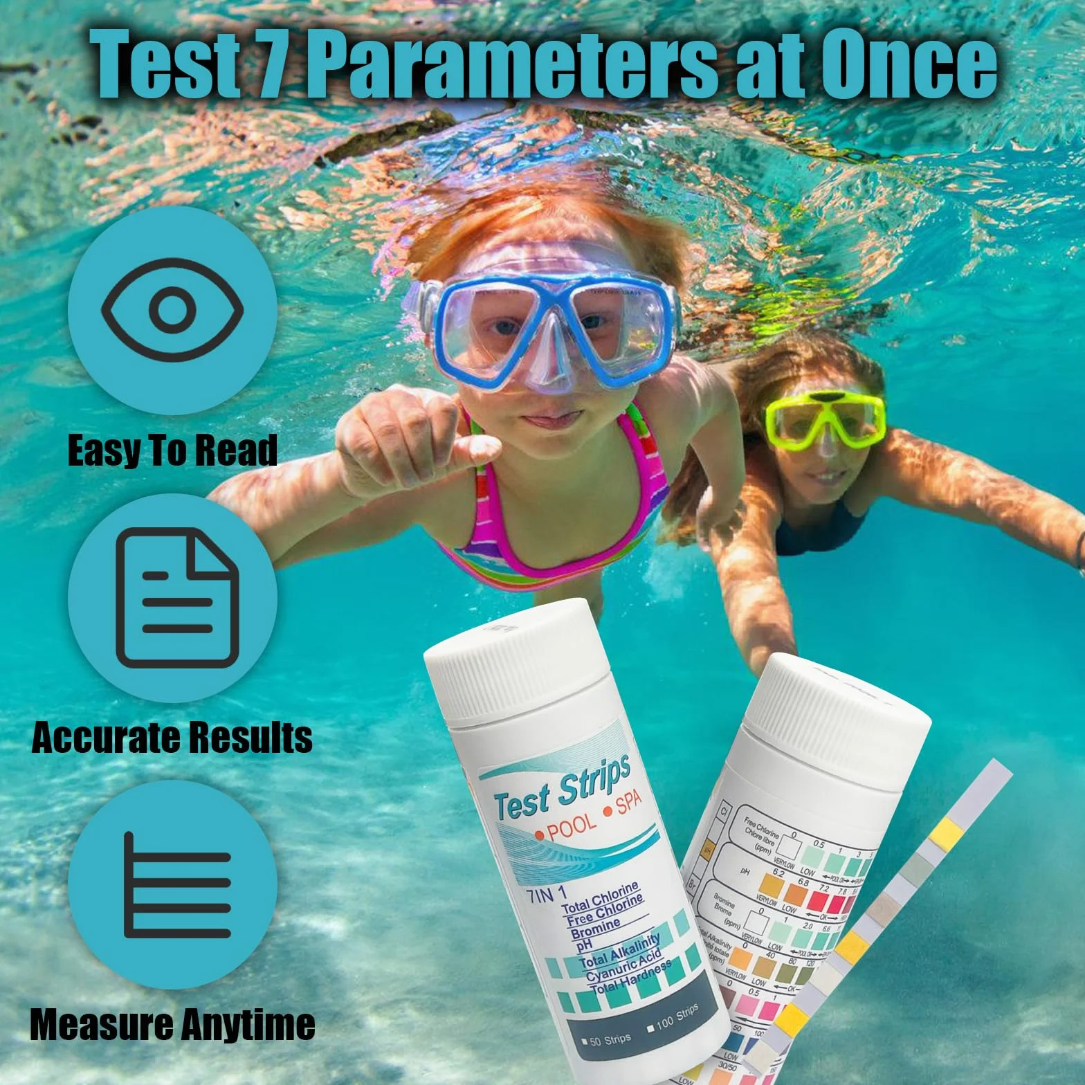 TRUEIN Paski testowe do basenu 7 w 1, 200 sztuk pasków testowych do wanny z hydromasażem, testowanie wody w basenie pod kątem wolnego chloru, pH, bromu, całkowitej kaliczności, całkowitego chloru