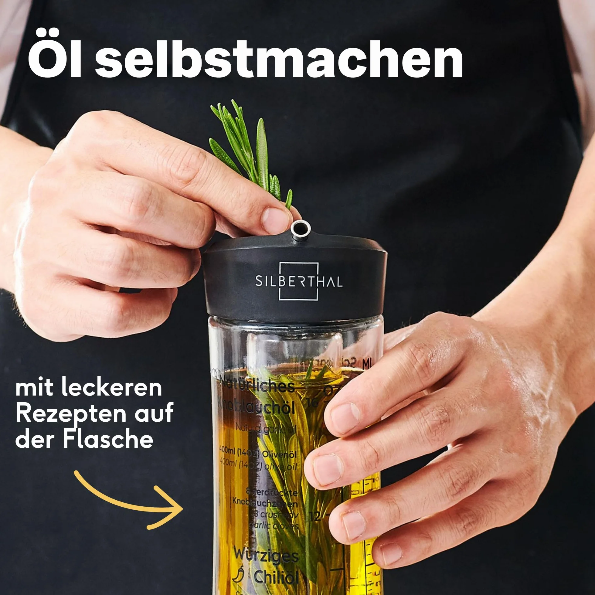 SILBERTHAL Szklana butelka do oleju, do wlewania, kropienia, z pojemnikiem na zioła, stwórz własny aromatyczny olej np. olej chili, z przepisami, idealna do oliwy, oleju rzepakowego, 500 ml
