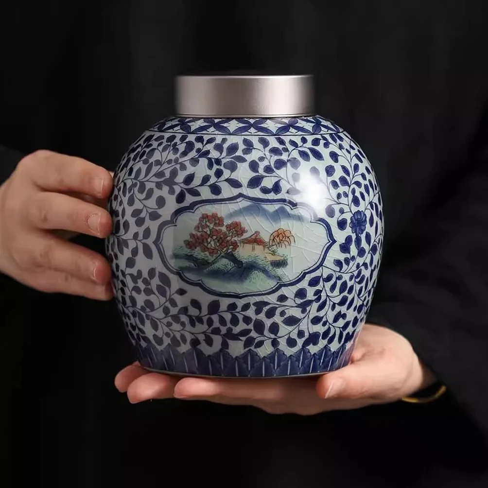 TEESONG Słoiki na herbatę niebiesko-biała ceramiczna puszka na herbatę, duża puszka do przechowywania herbaty, zamknięte opakowanie pu'er czarna herbata pusta puszka pojemniki do przechowywania