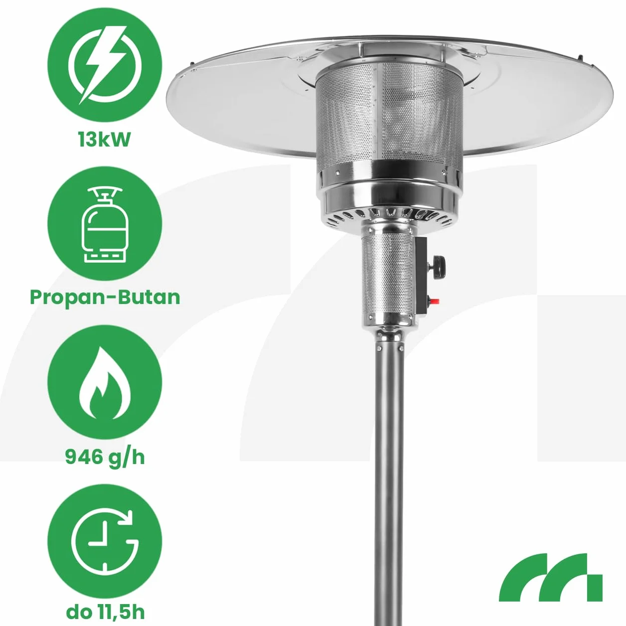 MalTec Grzejnik gazowy parasol 13 kW taras ZONE GH155 wysokość 220 cm osłona wąż stalowy