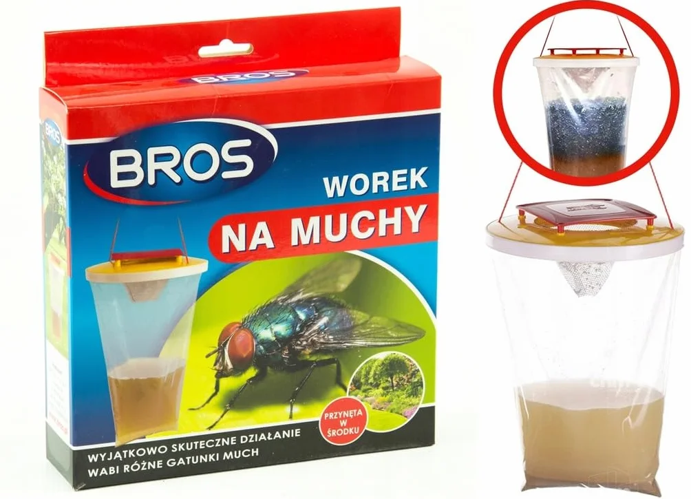 BROS Worek na muchy pułapka z przynętą Worek na muchy to wyjątkowo skuteczna pułapka do monitorowania obecności much na terenach otwartych poprzez ich odławianie