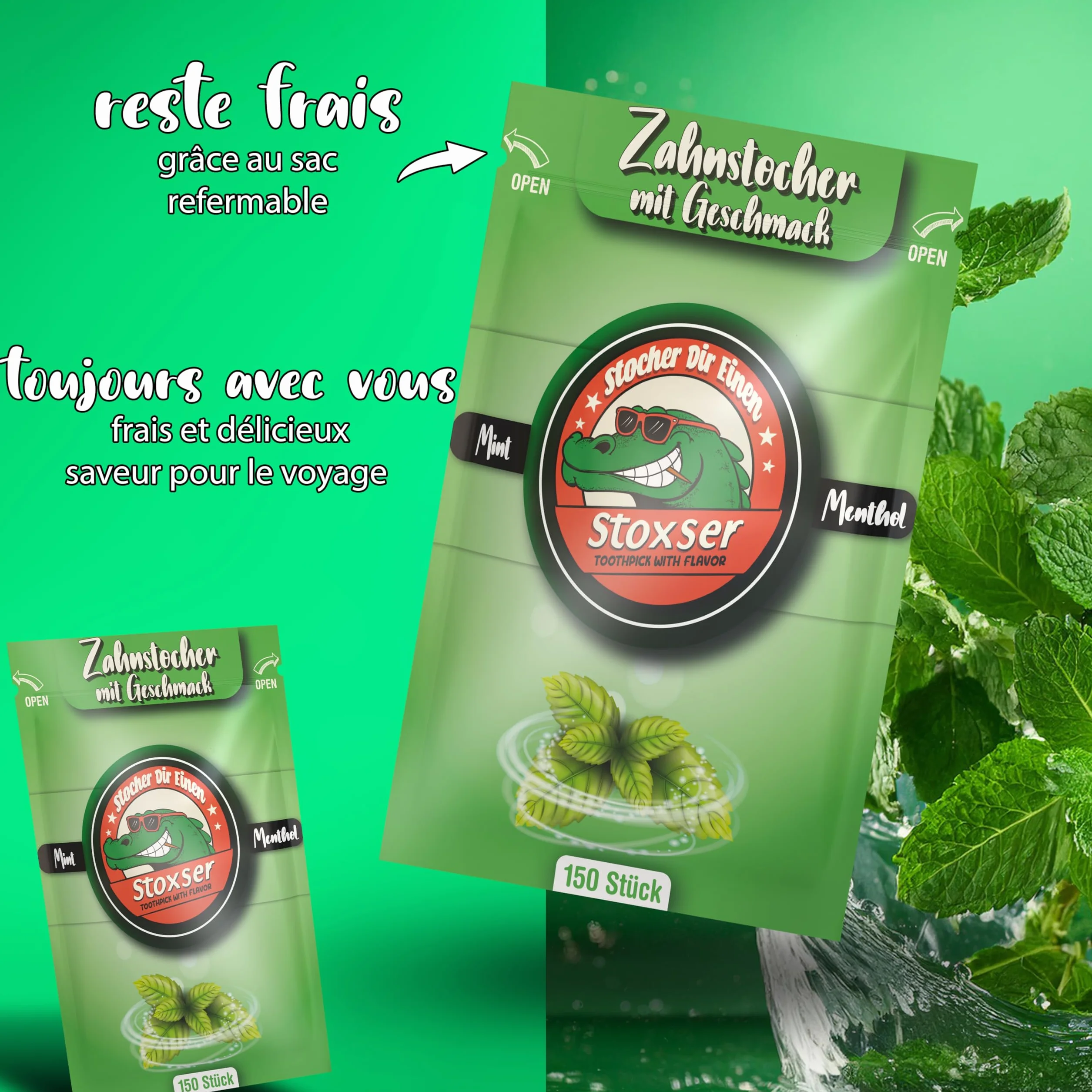 Stoxser 300 x wykałaczka o smaku, 2 szt. cytryna/cytryna i mięta/mentol, rewolucja smaku, wykałaczki smakowe, bez gumy do żucia, wspierają pastę do zębów, nić dentystyczna, bez cukru