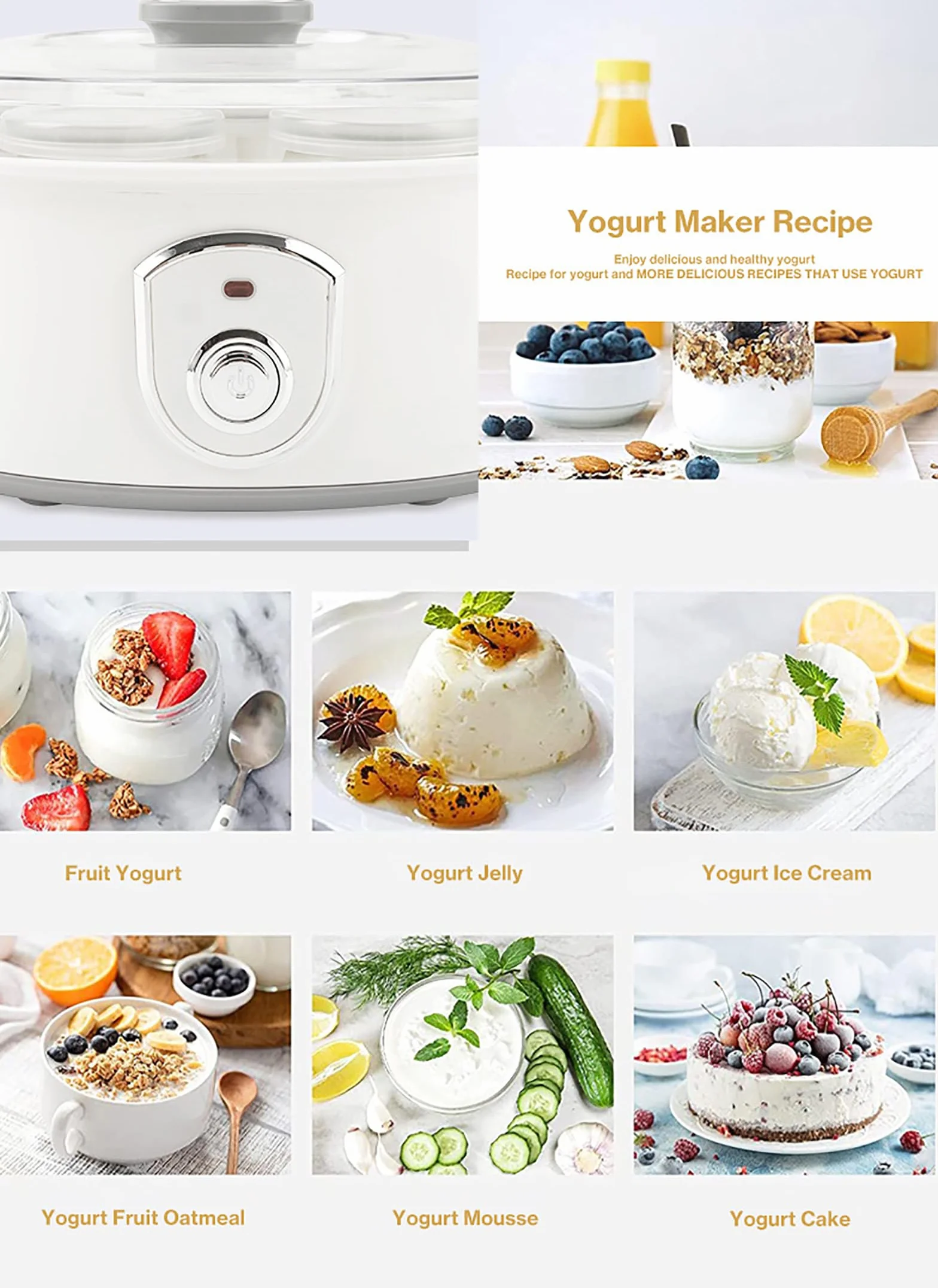 Probiotyczny jogurt Silnik W pełni automatyczna maszyna do jogurtu, domowy jogurt DIY, stała kontrola temperatury, 7 szklanek, sterowanie jednym dotknięciem
